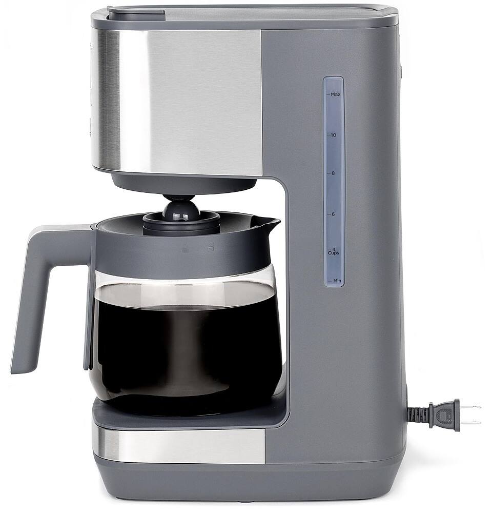 Left. GE - 12 Cup Programmable Coffee Maker with Adjustable Keep Warm Plate and Glass Carafe - Stainless Steel.