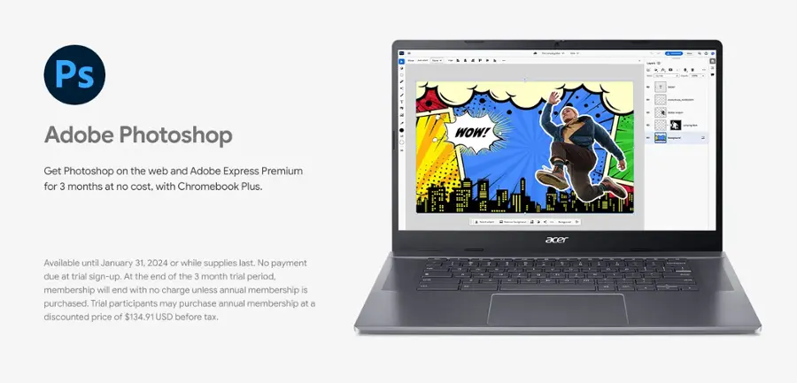 The image features a laptop computer with a cartoon character on the screen. The laptop is being advertised as a part of a special offer, which includes a three-month free trial of Adobe Photoshop and Adobe Express Premium. This offer is available for Chromebook Plus users and runs until January 31, 2024, or while supplies last. The trial period will end with no charge unless the user decides to purchase an annual membership at a discounted price of $134.91 USD before tax.