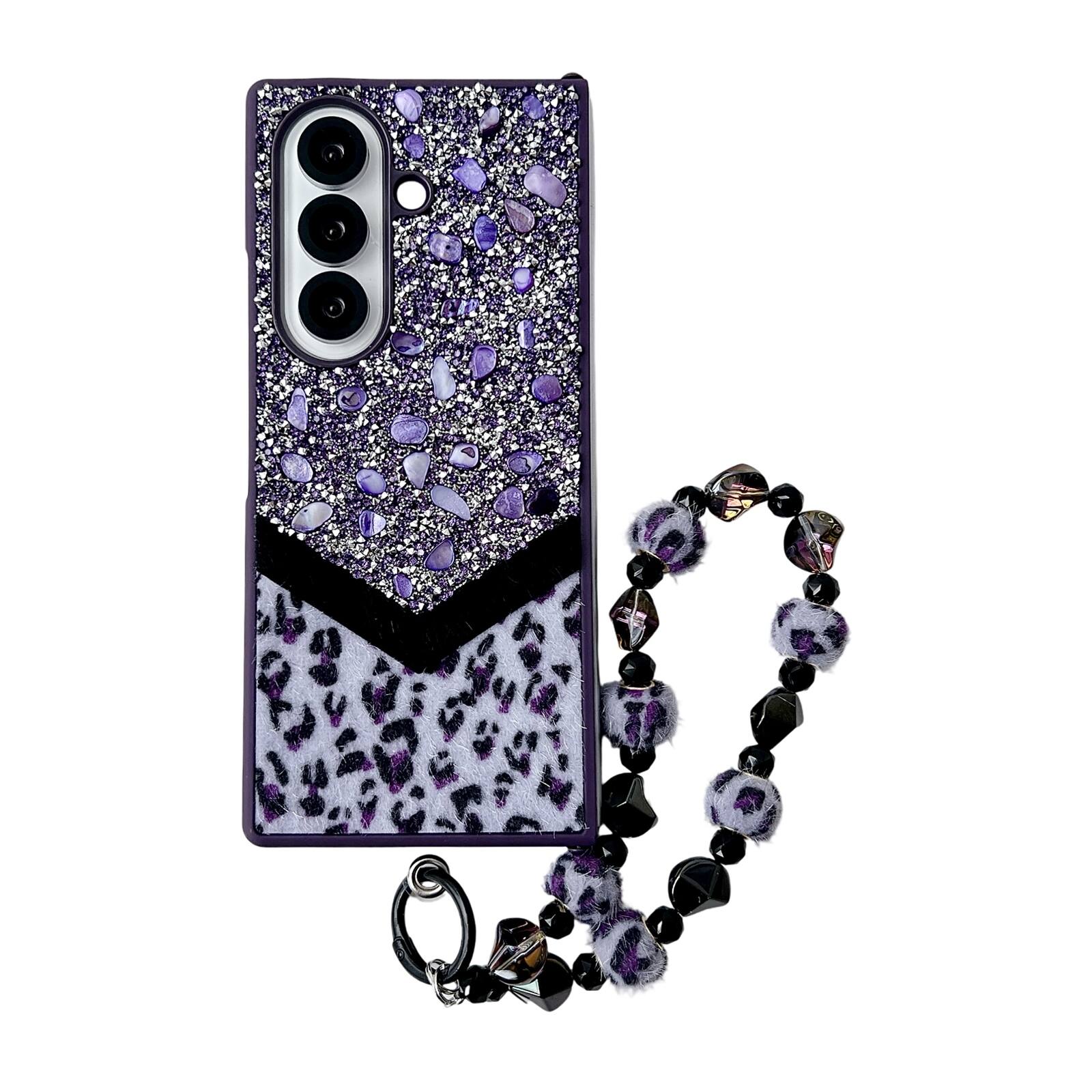 Angle. Dteck - Shockproof Phone Case for Samsung Galaxy Z Fold7 with Beaded Wrist Strap, Glitter Rhinestone Hard PC Protective Cover - Purple.