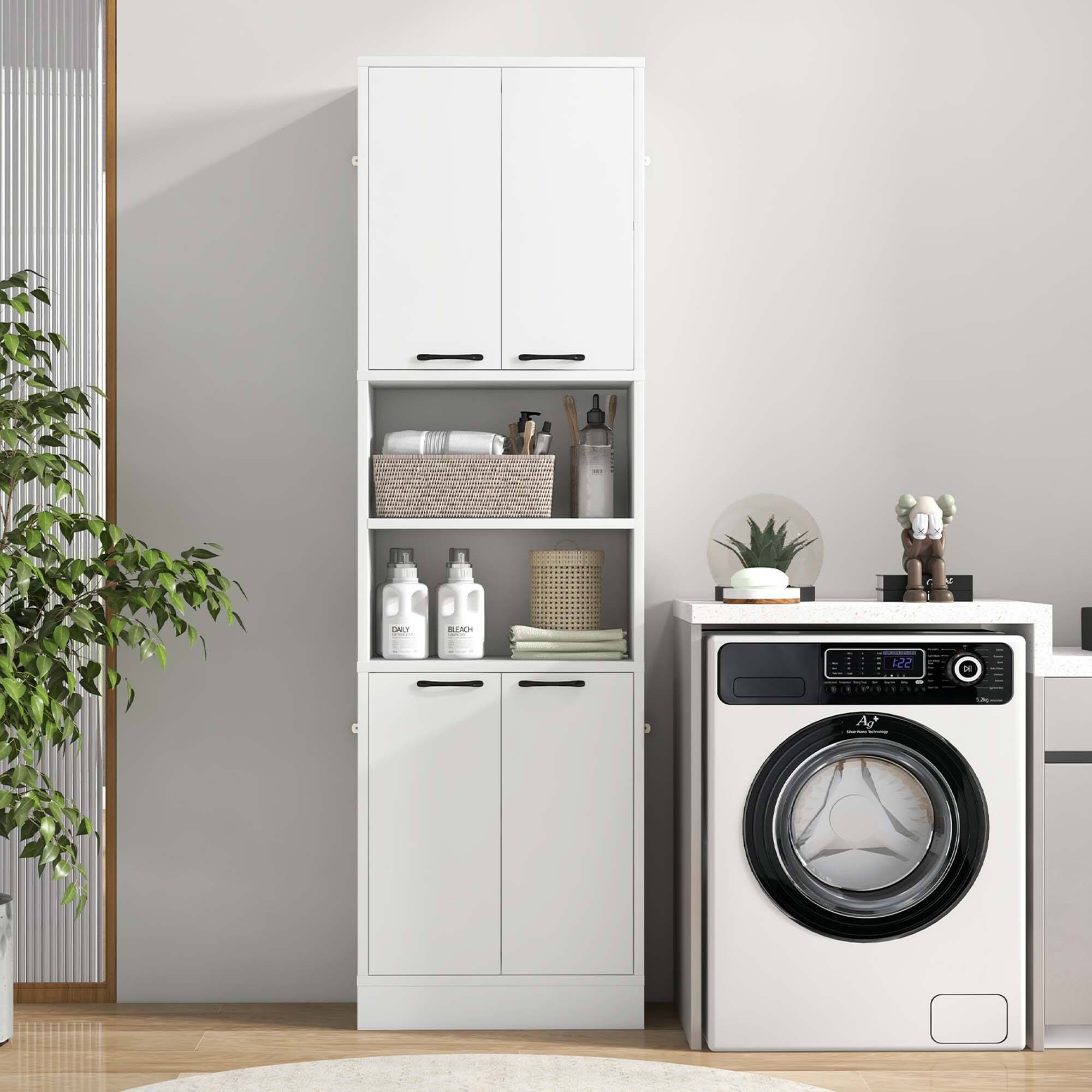 The image shows a laundry room with a washing machine and dryer. The washing machine is white and located on the right side of the room. There is a cabinet with a shelf above it, which has a basket and some bottles on it. The cabinet is white and positioned against the wall. Additionally, there is a potted plant in the room, which is placed on the left side of the scene.