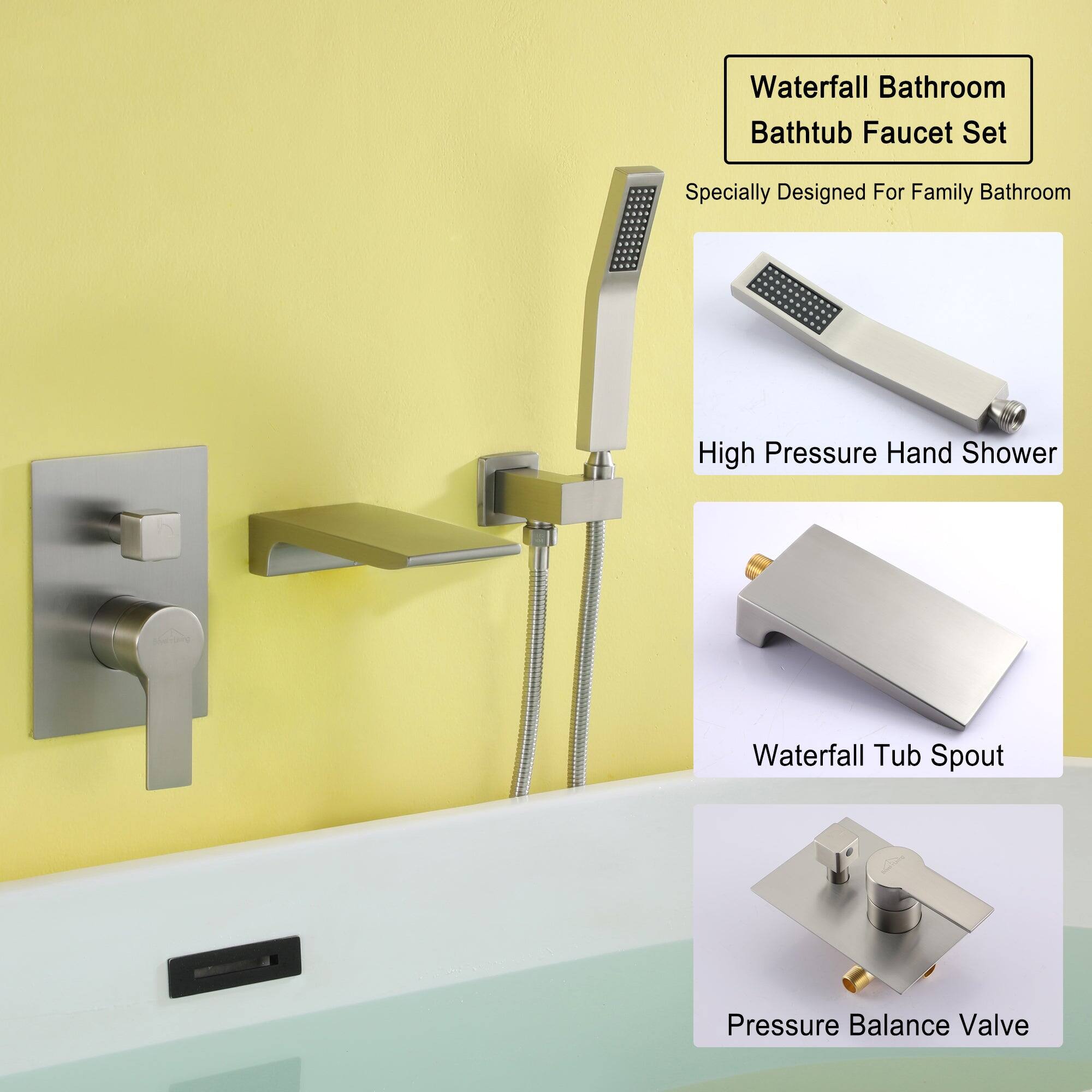 Waterfall Bathroom Bathtub Faucet Set
Specially Designed For Family Bathroom
High Pressure Hand Shower
Waterfall Tub Spout
Pressure Balance Valve