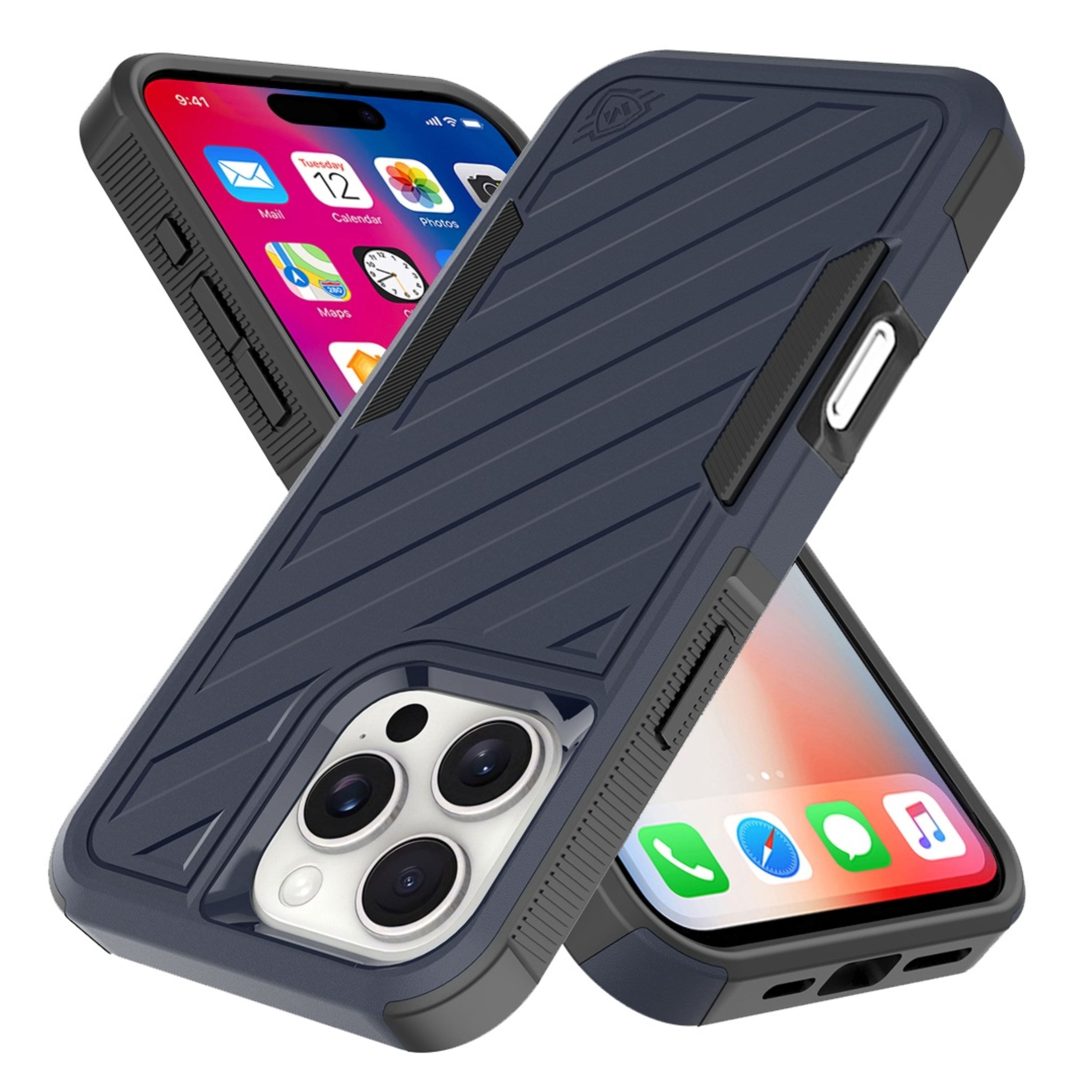 Kitcheniva - Shockproof Dual Layer Lined Phone Case With Tempered Glass For iPhone 16 Pro Blue Black - Black/Blue