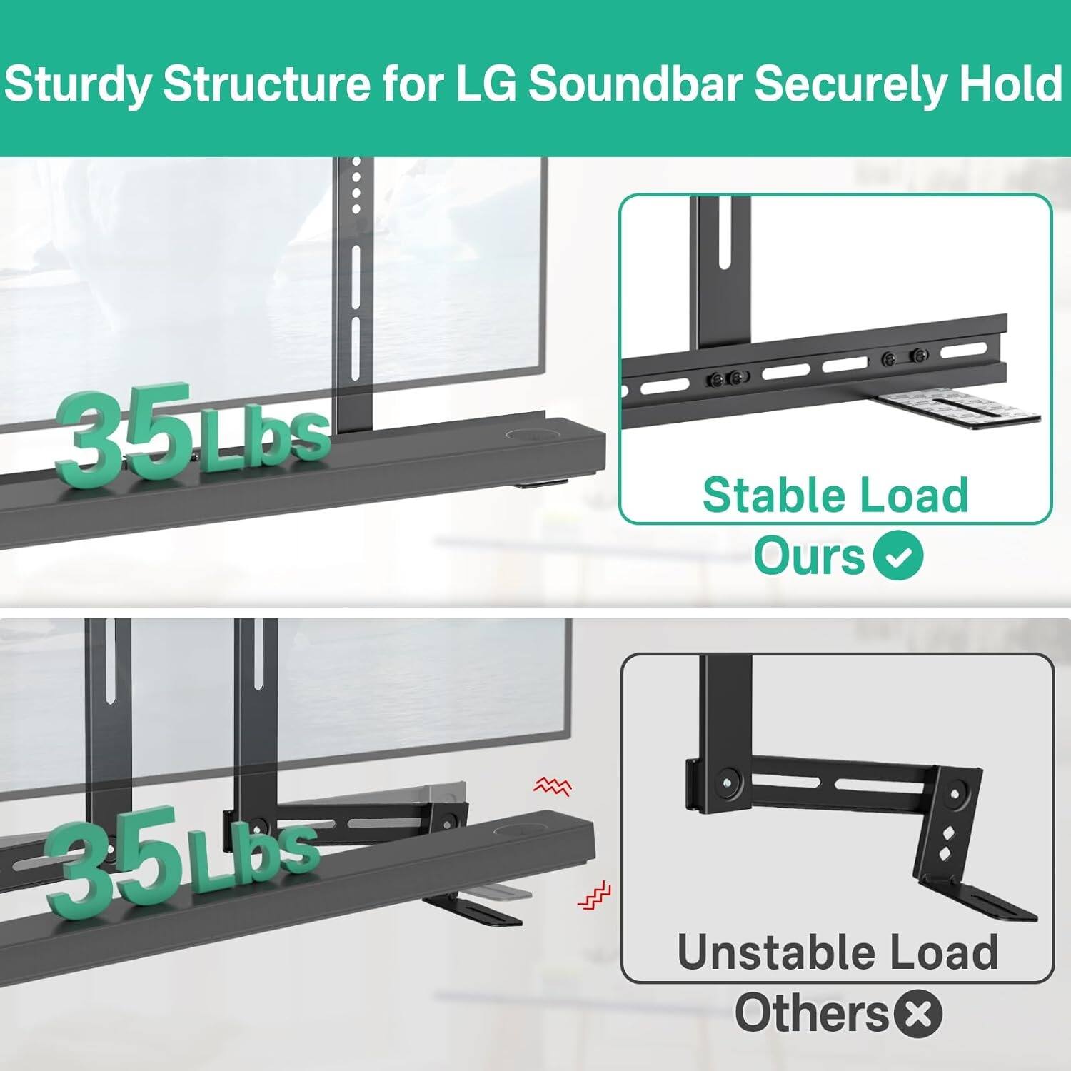 Sturdy Structure for LG Soundbar Securely Hold

35Lbs

Stable Load
Ours ✔️

35Lbs

Unstable Load
Others ❌