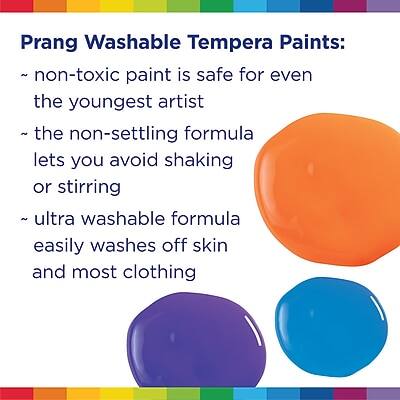 Prang Washable Tempera Paints:

- non-toxic paint is safe for even the youngest artist
- the non-settling formula lets you avoid shaking or stirring
- ultra washable formula easily washes off skin and most clothing