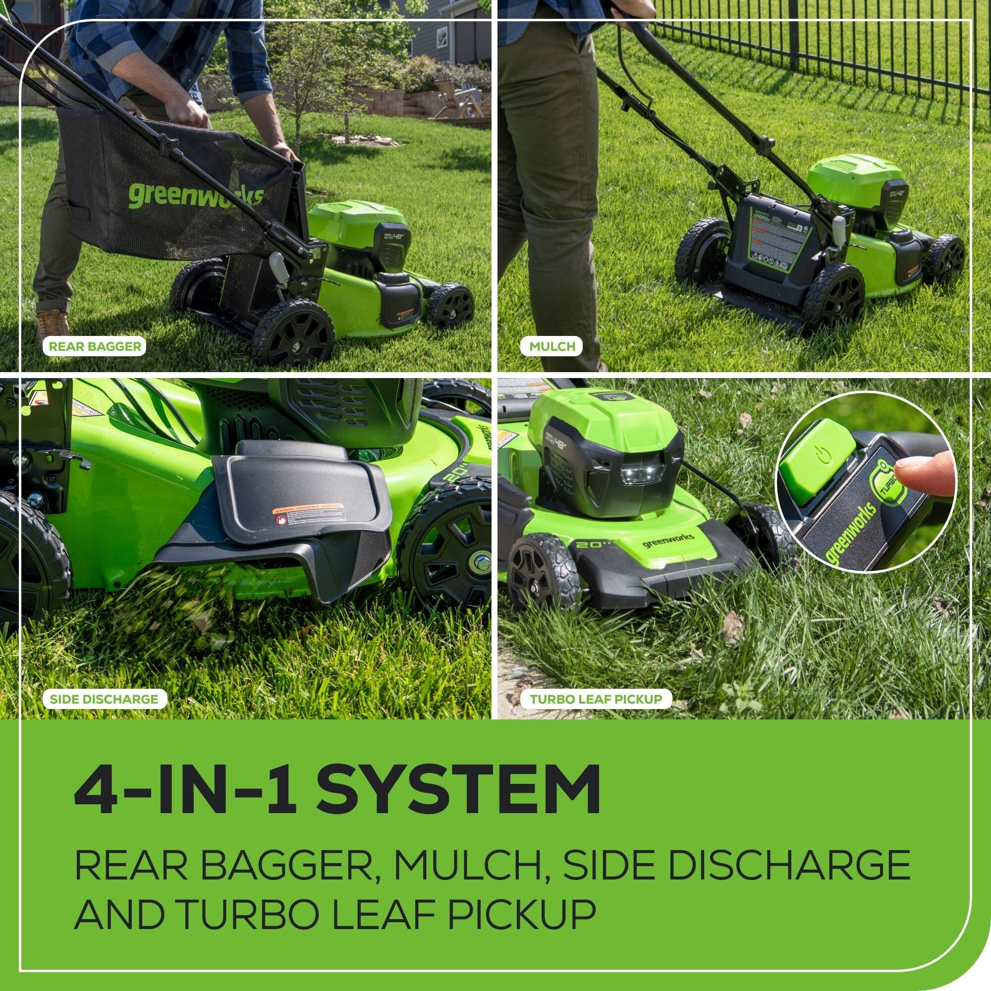 greenworks Acs Fe PE-10  REAR BAGGER 95 MULCH  20 gwos TU greenworks SIDE DISCHARGE TURBO LEAF PICKUP 4-IN-1 SYSTEM REAR BAGGER, MULCH, SIDE DISCHARGE AND TURBO LEAF PICKUP