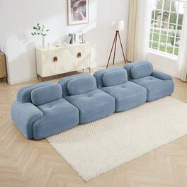 LOVMOR - Modular No Assembly Compressed Pack 4 Seat Corduroy Couch Anti Slip Curved Armrests For Bedroom Study Soft Den - Blue