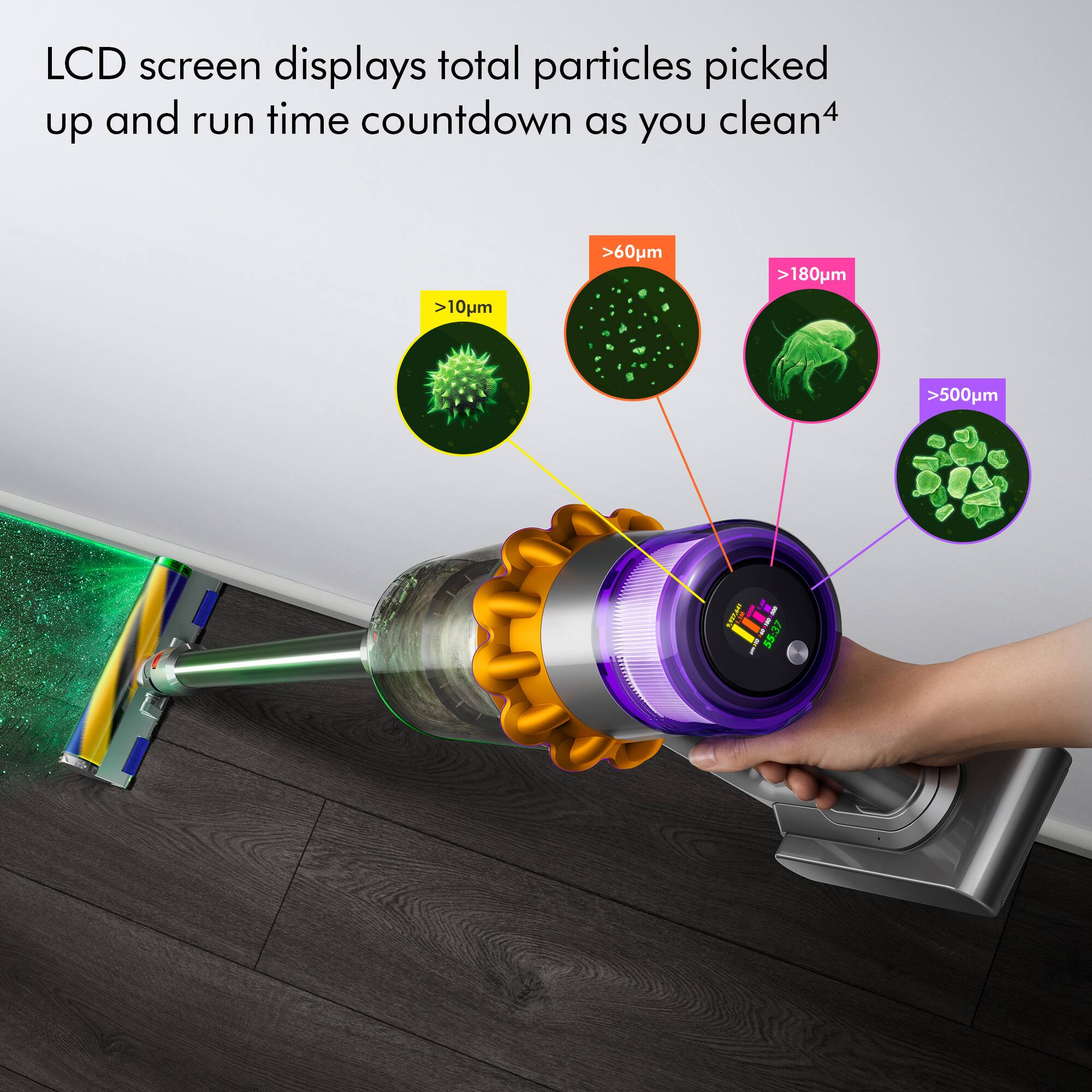 LCD screen displays total particles picked up and run time countdown as you clean.