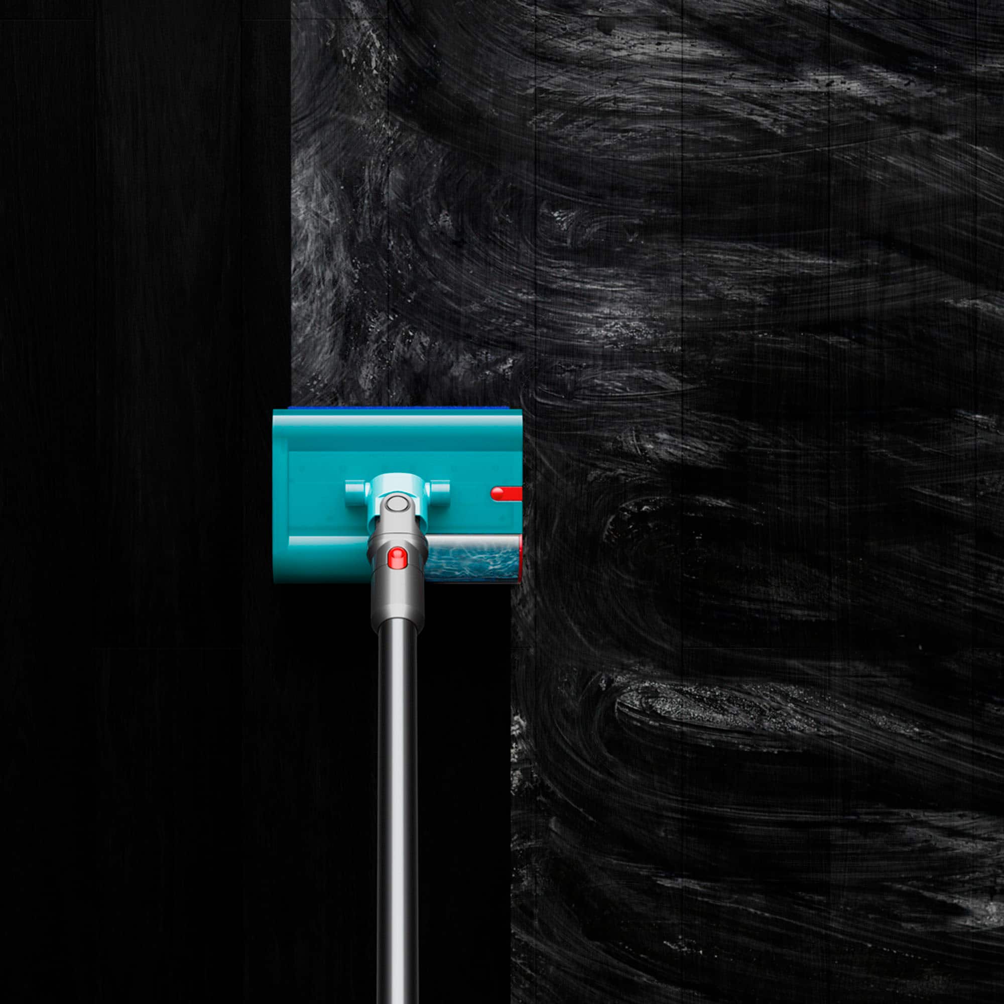 The image features a blue and black vacuum cleaner with a dirty water tray, a clean water tank, and an extraction plate to remove debris. The vacuum cleaner is designed to wash with clean water from start to finish.