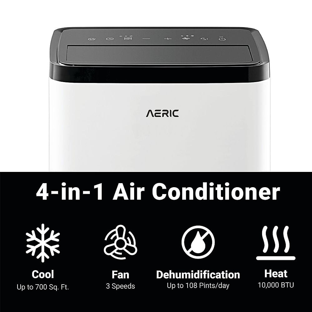 The text on the image is: "4-in-1 Air Conditioner Cool Up to 700 Sq. Ft. Fan Dehumidification Heat 3 Speeds Up to 108 Pints/day 10,000 BTU".
