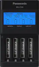 Front. Panasonic - Eneloop Rechargeable AAA Batteries 4-Pack with 4-Position Quick Charger - Black.