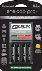 Front. Panasonic - Eneloop Rechargeable AA Batteries 4-Pack with Advanced 4 Hour Quick Battery Charger - Black.