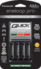 Front. Panasonic - Eneloop Rechargeable AAA Batteries 4-Pack with Advanced 4 Hour Quick Battery Charger - Black.