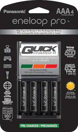 Front. Panasonic - Eneloop Rechargeable AAA Batteries 4-Pack with Advanced 4 Hour Quick Battery Charger - Black.