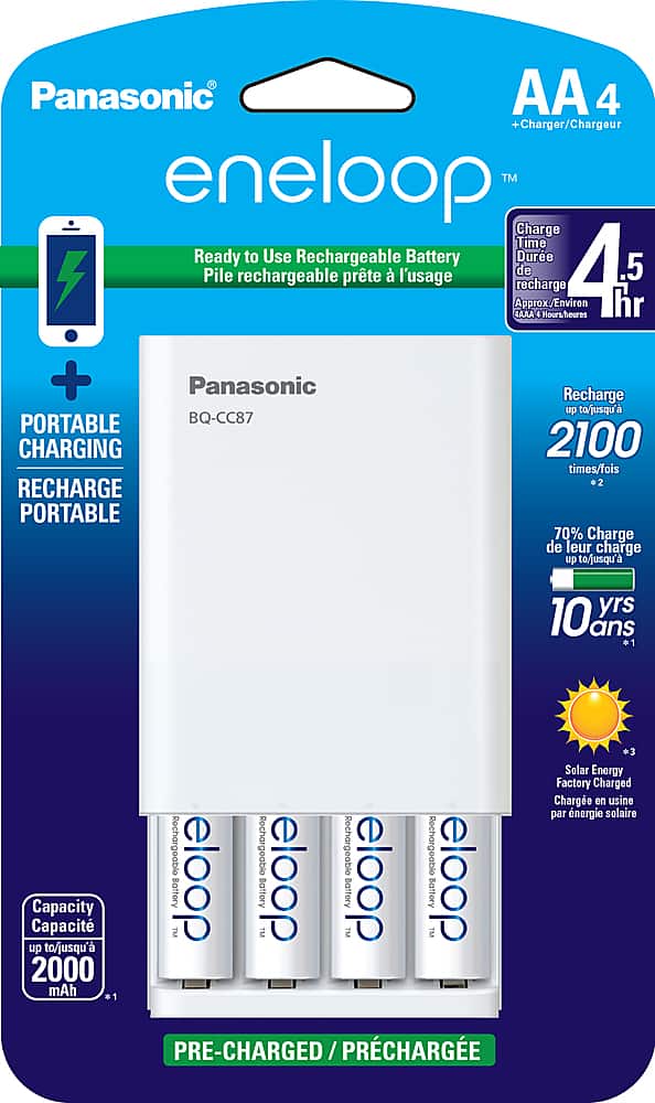 Front. Panasonic - Eneloop Rechargeable AA Batteries 4-Pack with 4-Position Mobile Boost Charger - White.