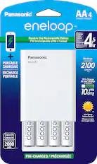 Front. Panasonic - Eneloop Rechargeable AA Batteries 4-Pack with 4-Position Mobile Boost Charger - White.