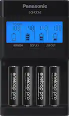 Front. Panasonic - Eneloop Rechargeable AA Batteries 4-Pack with 4-Position Quick Charger - Black.