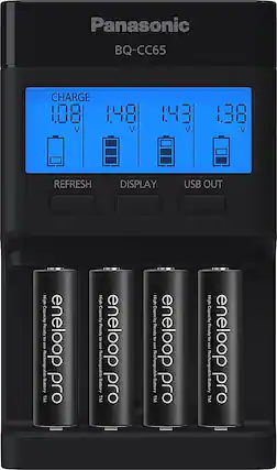 Front. Panasonic - Eneloop Rechargeable AA Batteries 4-Pack with 4-Position Quick Charger - Black.
