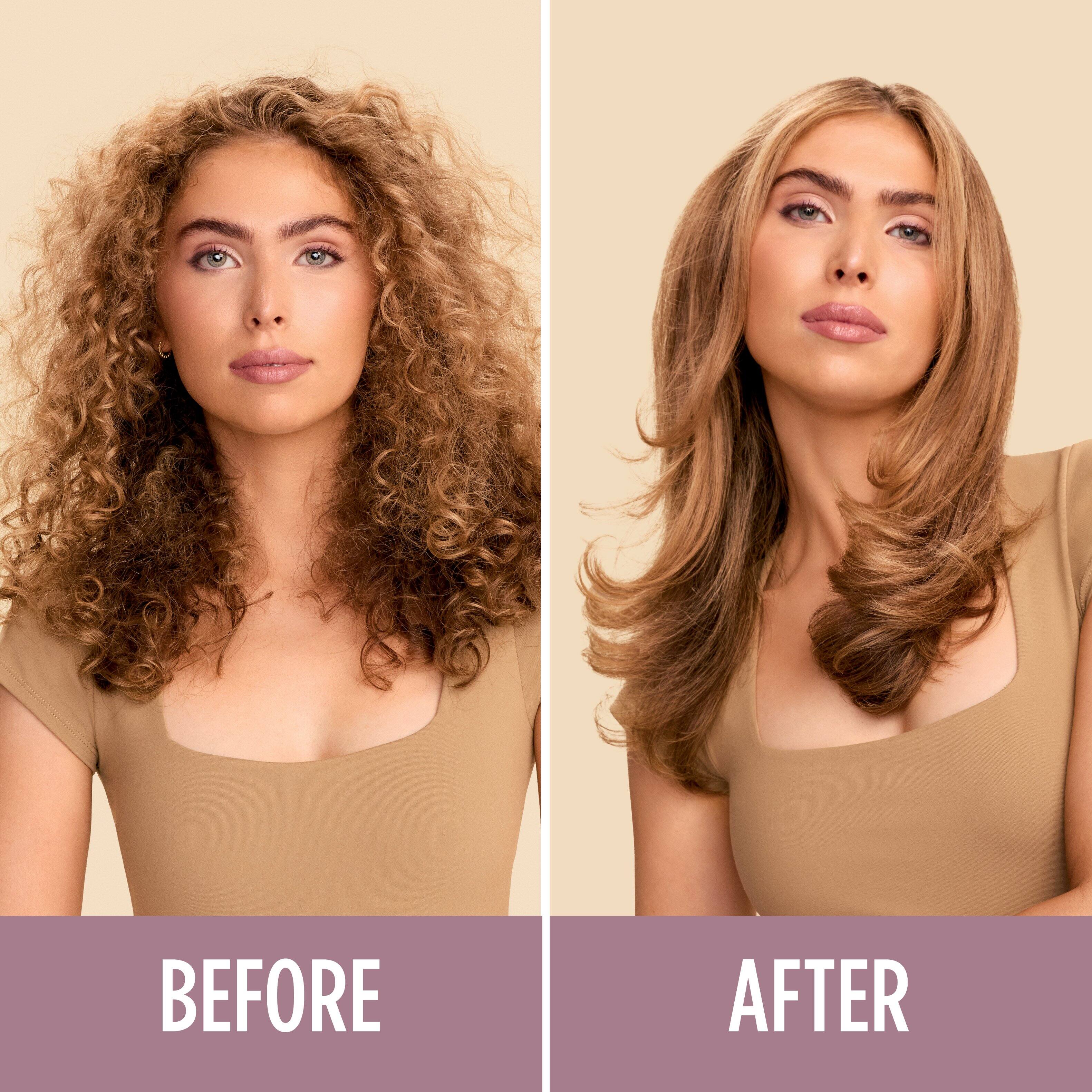 Before: The woman has curly hair. After: The woman has straight hair.