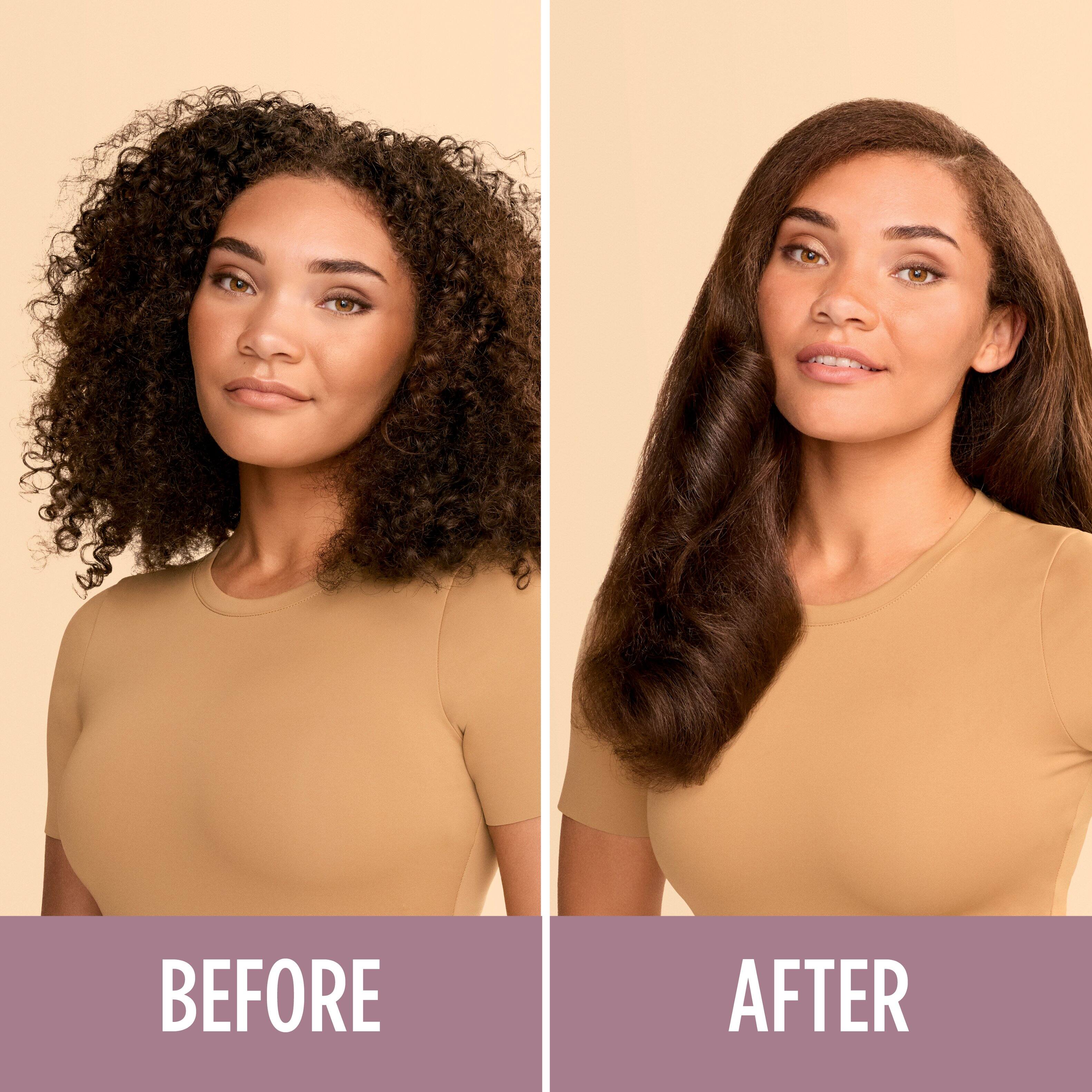 Before: A woman with curly hair wearing a brown shirt.
After: A woman with straight hair wearing a brown shirt.