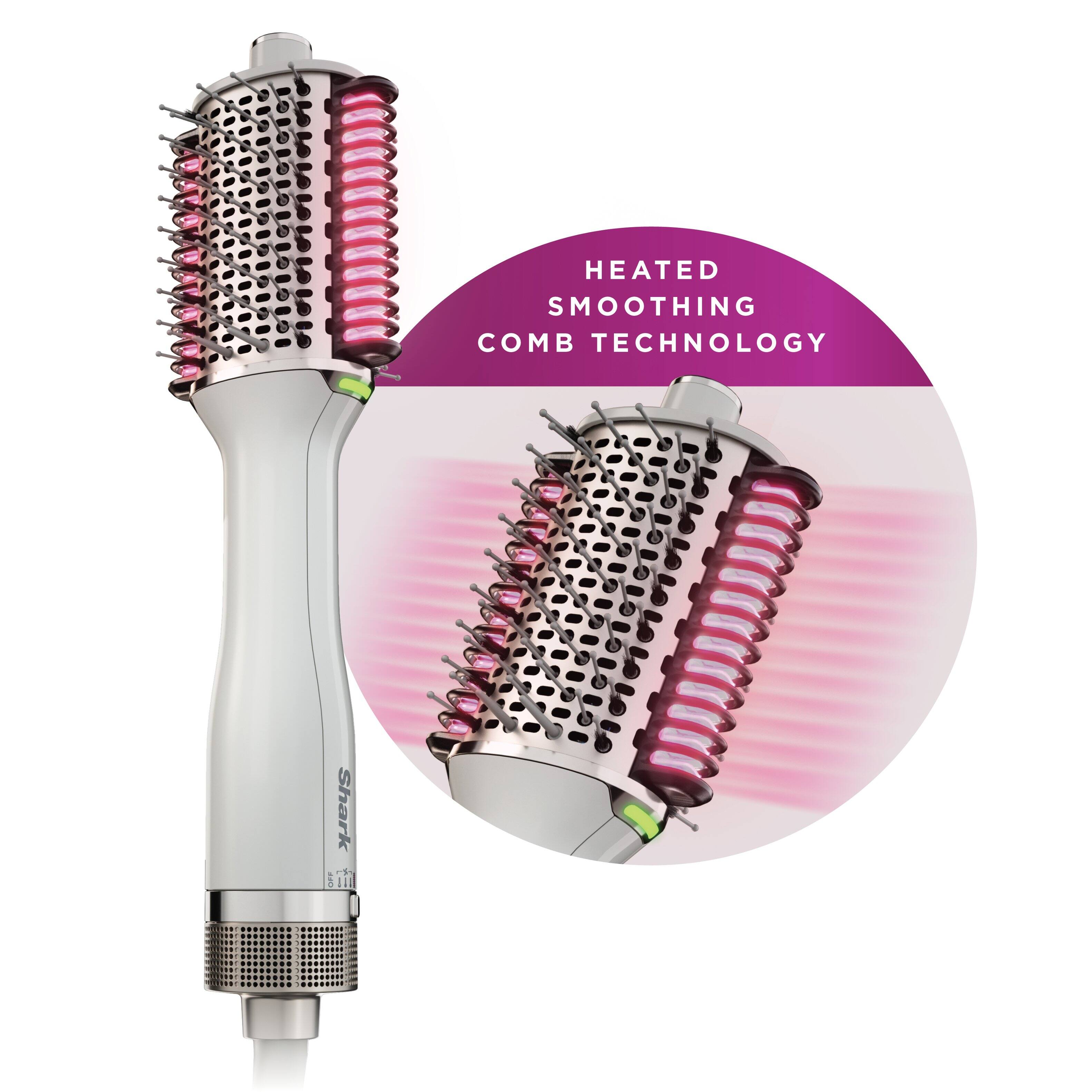 The image showcases a hair brush with a heated comb technology. The brush has a pink and black design and is designed to smooth hair. The brush is being used on a person's head, providing a comfortable and effective hair styling experience. The heated comb technology helps to make the styling process more efficient and enjoyable.