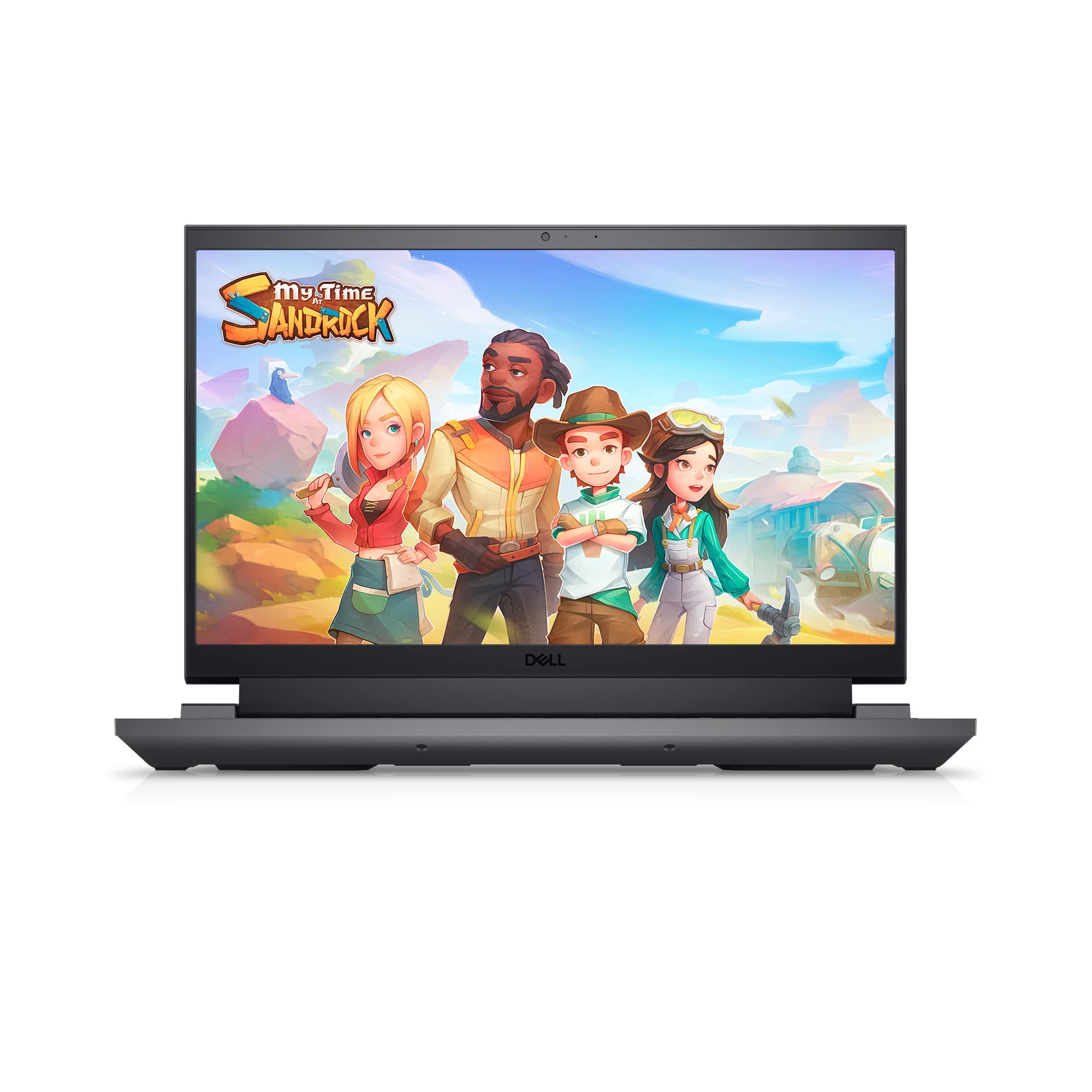 The image features a Dell laptop computer with a video game displayed on the screen. The game is called "My Time at Sandrock." The laptop is open and ready for use, and it appears to be a popular choice for gaming enthusiasts.