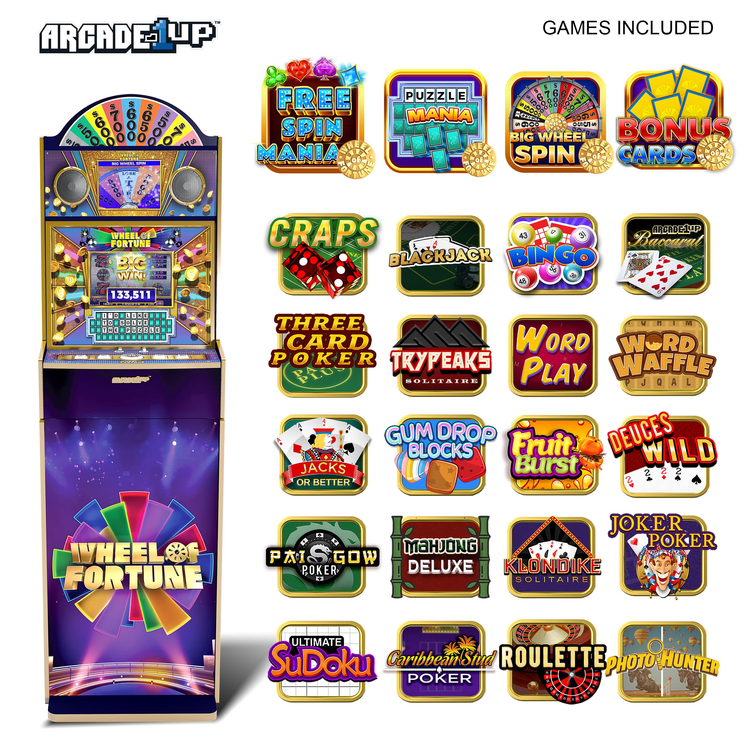 The image showcases a variety of video game consoles, including a slot machine game called "Big Wheel Fortune." The game is displayed in a large format, taking up a significant portion of the image. In addition to the slot machine, there are several other games featured, such as "Craps," "Word Search," "Blackjack," "Bingo," "Solitaire," "Poker," "Gum Drops," "Fruit Drop," "Joker Wild," "Mahjong," "Klondike," "Sudoku," "Caribbean Stud," "Roulette," "Photo Hunter," and "Poker Deluxe." The games are arranged in a grid-like pattern, making it easy to identify and select the desired game.
