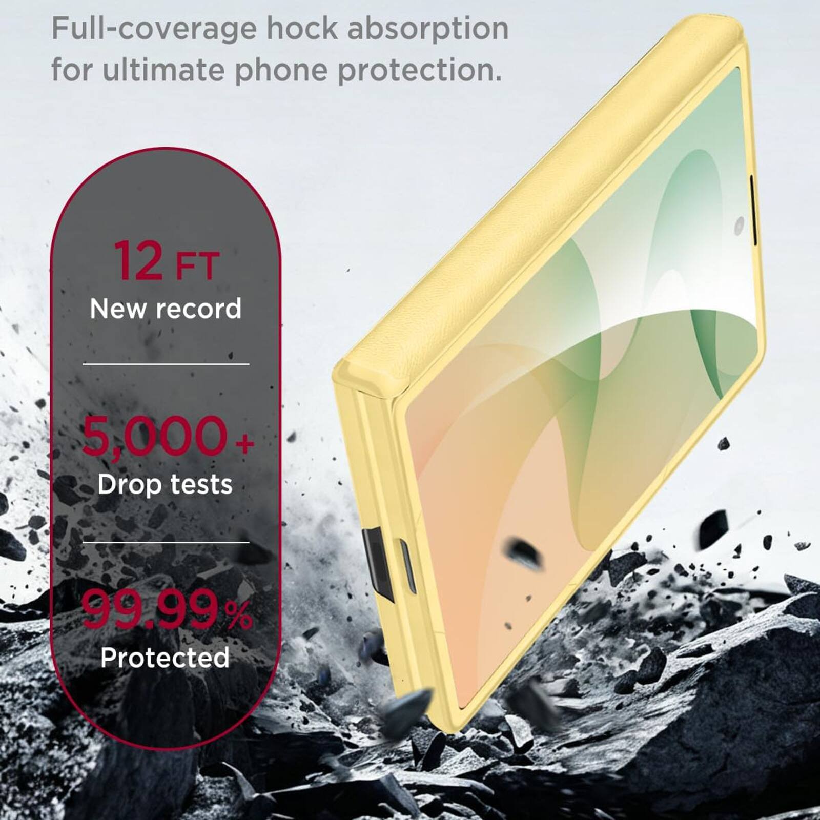 Full-coverage hock absorption for ultimate phone protection.  
12 FT New record  
5,000+ Drop tests  
99.99% Protected