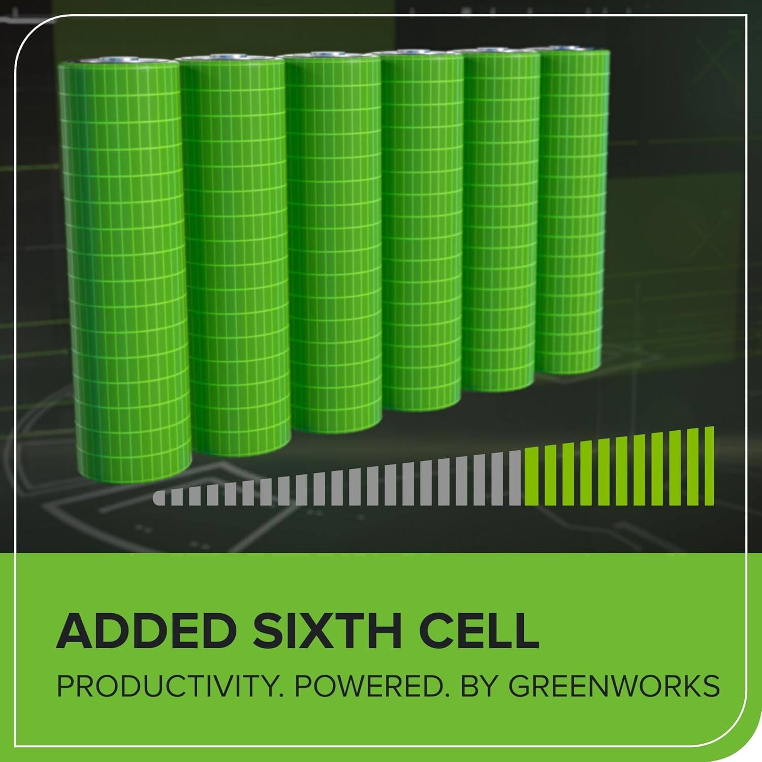 ADDED SIXTH CELL  
PRODUCTIVITY. POWERED BY GREENWORKS