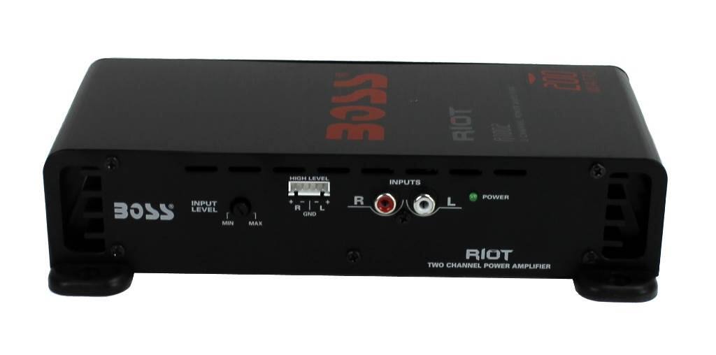 INPUT BOSS LEVEL 1 MIN 1 MAX 2 SSOE RIOT HIGH LEVEL INPUTS POWER R L GND B RIOT TWO CHANNEL POWER AMPLIFIER