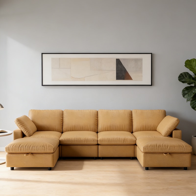 Dyonery - 130" Faux Leather Couch with Movable Ottoman, 3 Seater L Shaped Mid Century Modern Modular Sectional Couch - Brown