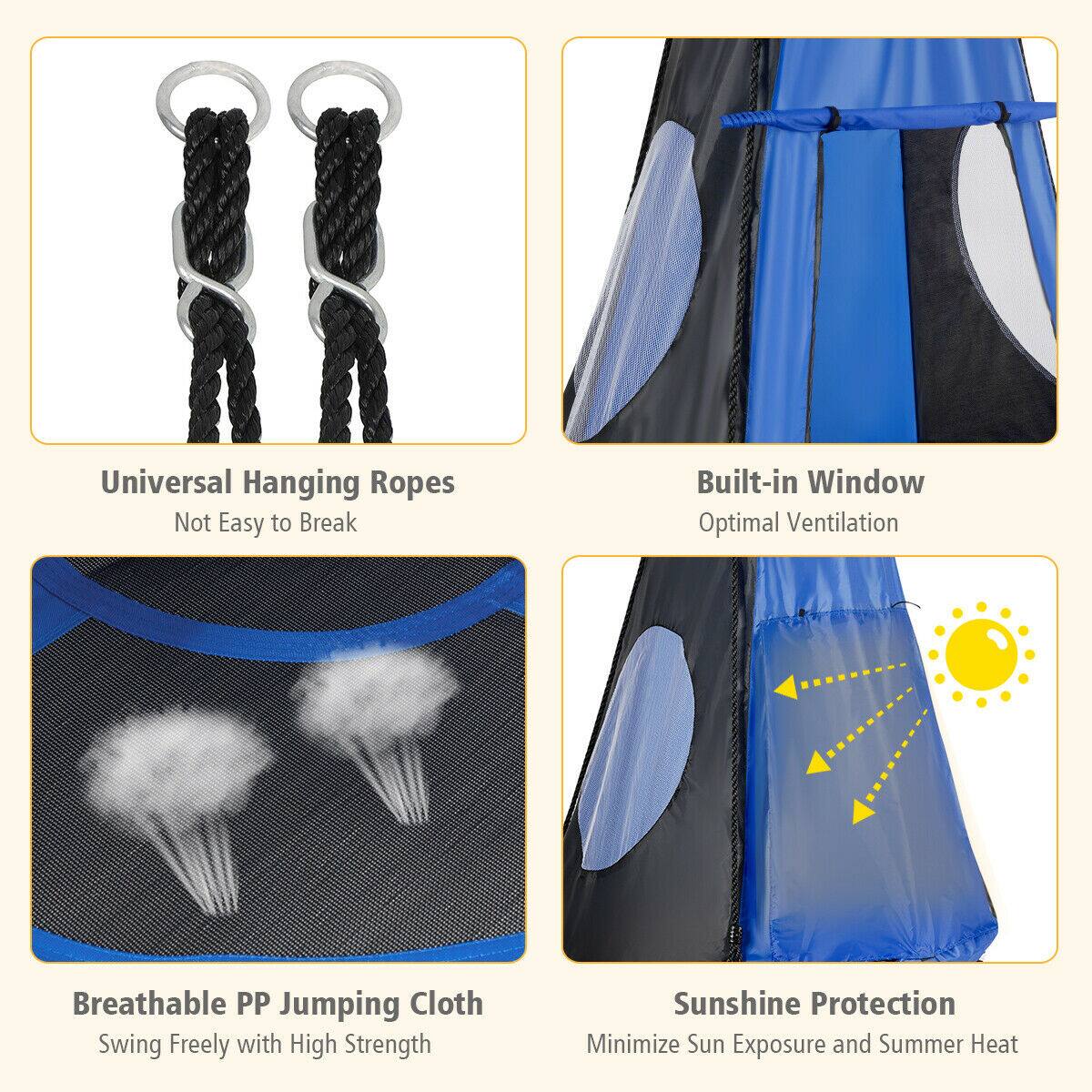 Universal Hanging Ropes  
Not Easy to Break  

Built-in Window  
Optimal Ventilation  

Breathable PP Jumping Cloth  
Swing Freely with High Strength  

Sunshine Protection  
Minimize Sun Exposure and Summer Heat