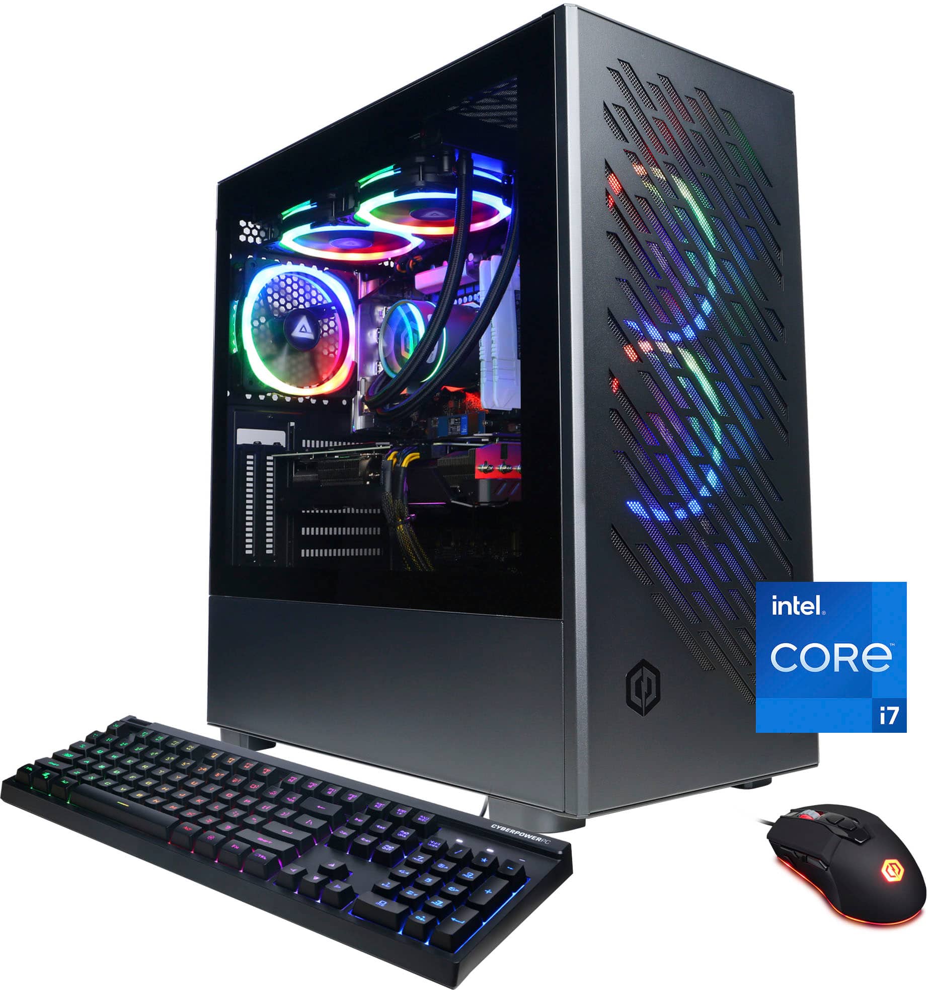The image features a black Intel Core i7 computer tower with a keyboard and mouse placed in front of it. The computer tower is equipped with a Core i7 processor, making it a powerful and efficient device. The keyboard and mouse are positioned in front of the tower, ready for use. The overall scene showcases a complete computer setup, ideal for various tasks and applications.