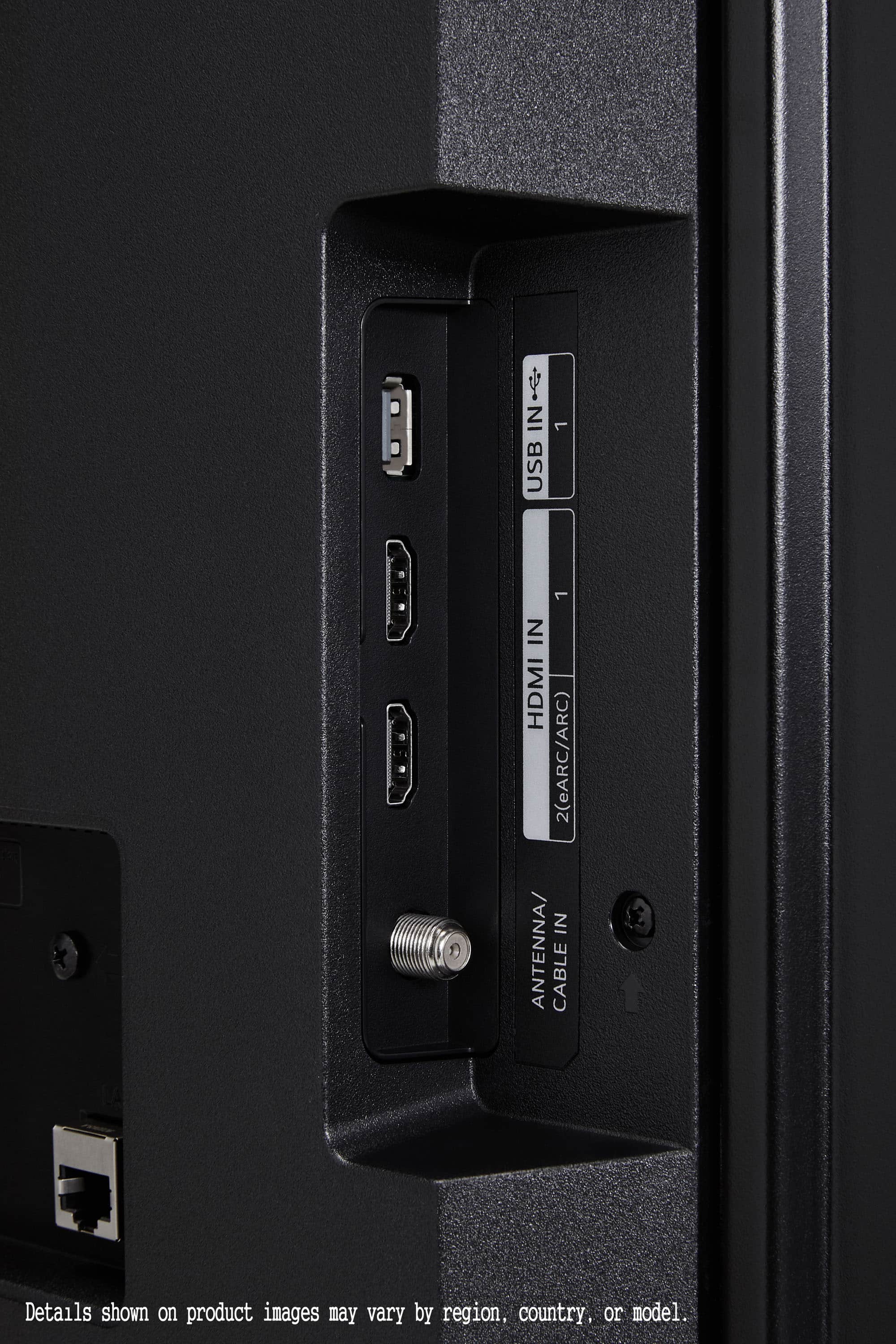 The image features a black box with a USB port and an HDMI port. The USB port is located on the left side of the box, while the HDMI port is situated on the right side. The box also has an antenna/cable port, which is located at the bottom. The product images may vary by region, country, or model.
