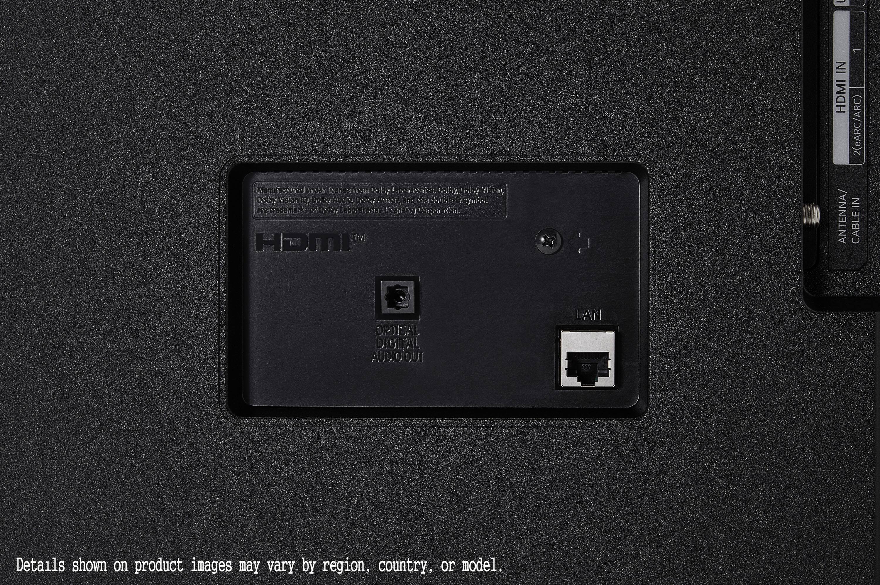 The image features a close-up of a television, specifically a Samsung model. The TV is black and has a sticker on the back of it. The sticker is white and has a barcode, which is likely used for identification purposes. The image also includes a caption that reads "Details shown on product images may vary by region, country, or model." This suggests that the appearance or specifications of the product may differ depending on the location or model.