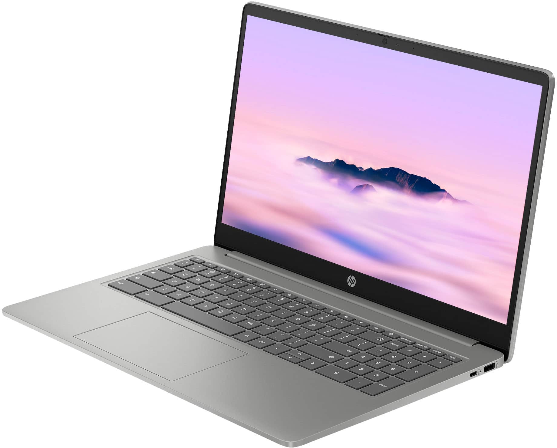 Left. HP - 15.6" Full HD Chromebook Plus Laptop with Google AI - Intel Core i3 - 8GB Memory - 128GB UFS - Mineral Silver.