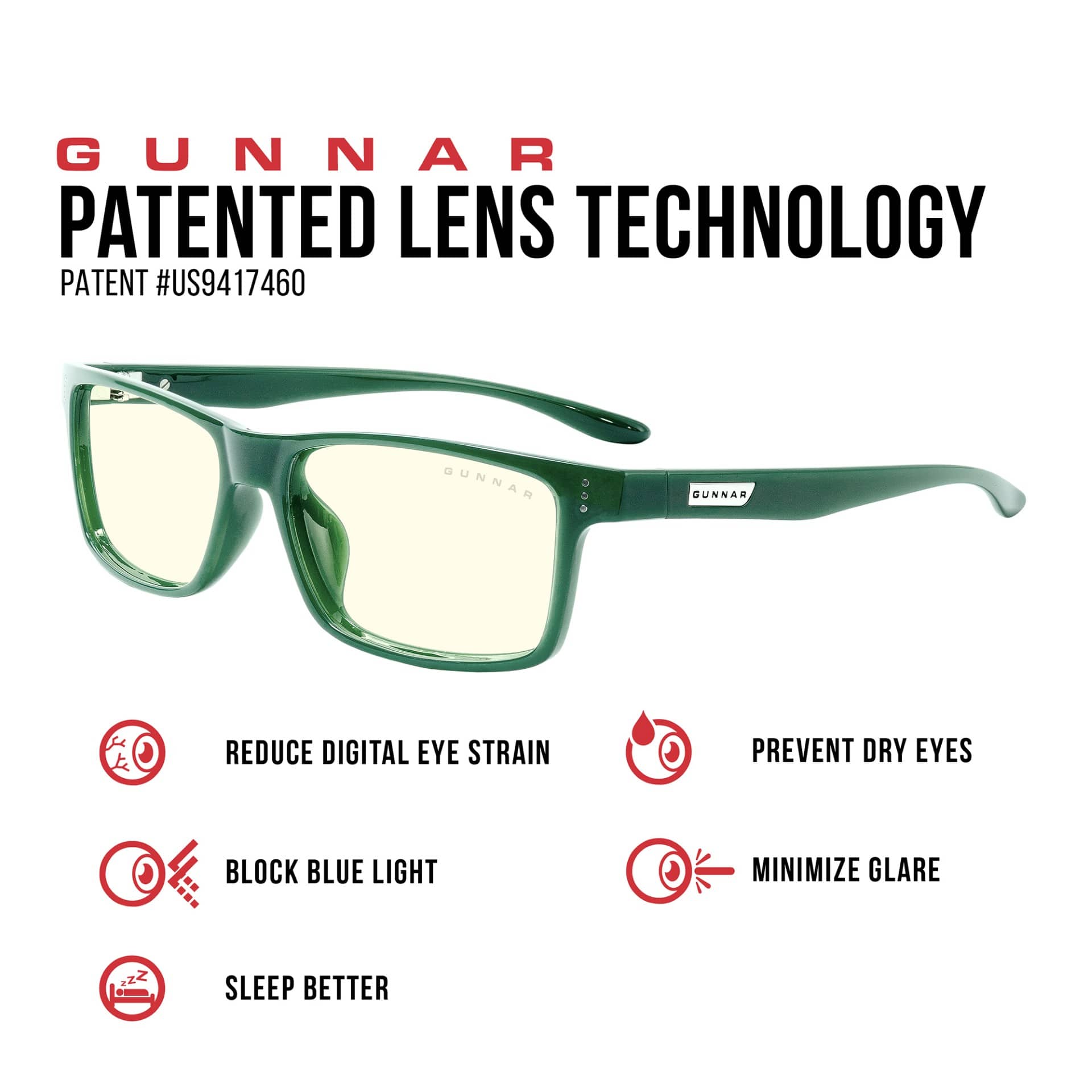 GUNNAR Patented Lens Technology Patent #US9417460 GUNNAR 0 Reduce Digital Eye Strain Prevent Dry Eyes Block Blue Light Minimize Glare Sleep Better