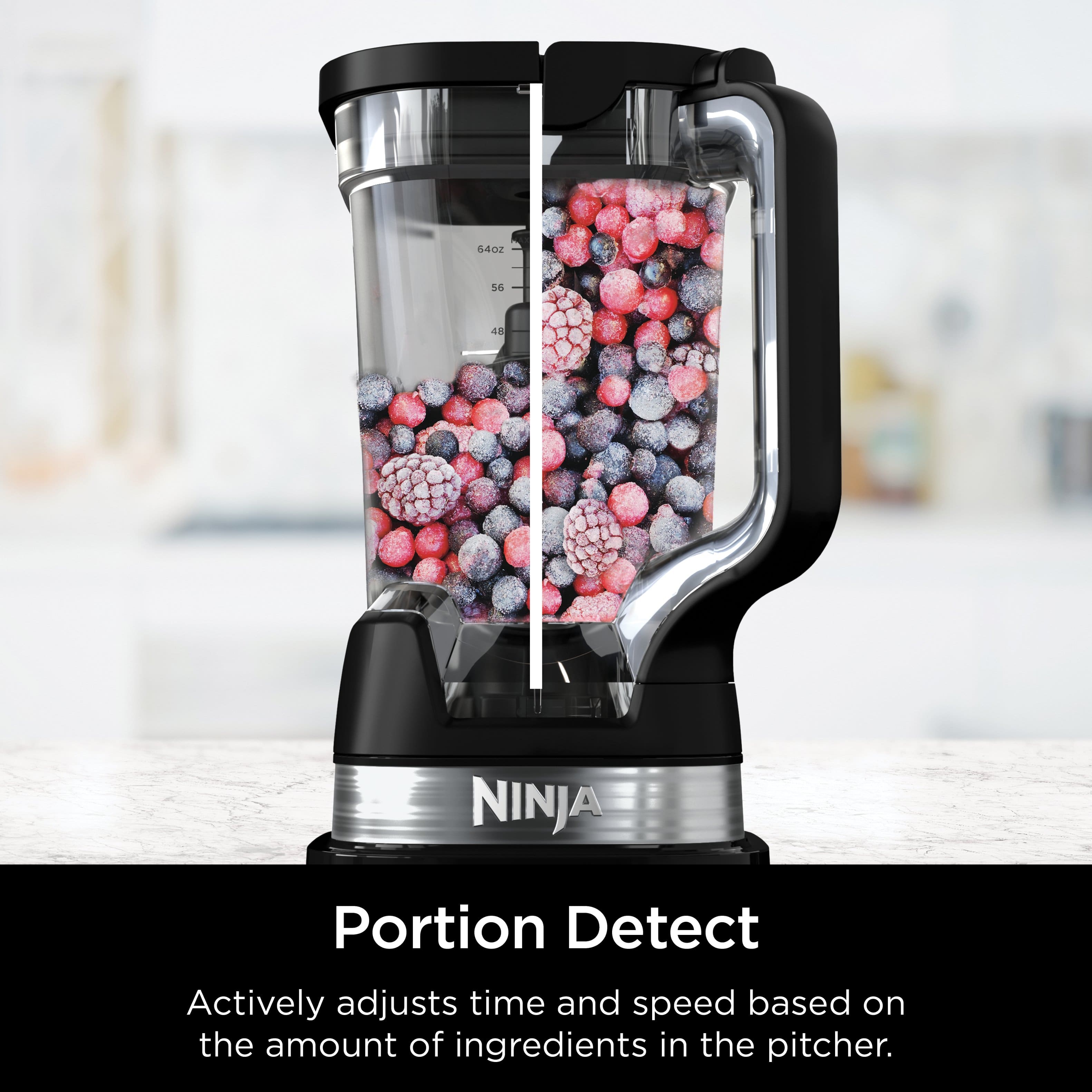The image features a Ninja blender with a pitcher full of berries, including raspberries and blueberries. The blender is designed to actively adjust the time and speed based on the amount of ingredients in the pitcher, ensuring optimal blending results.