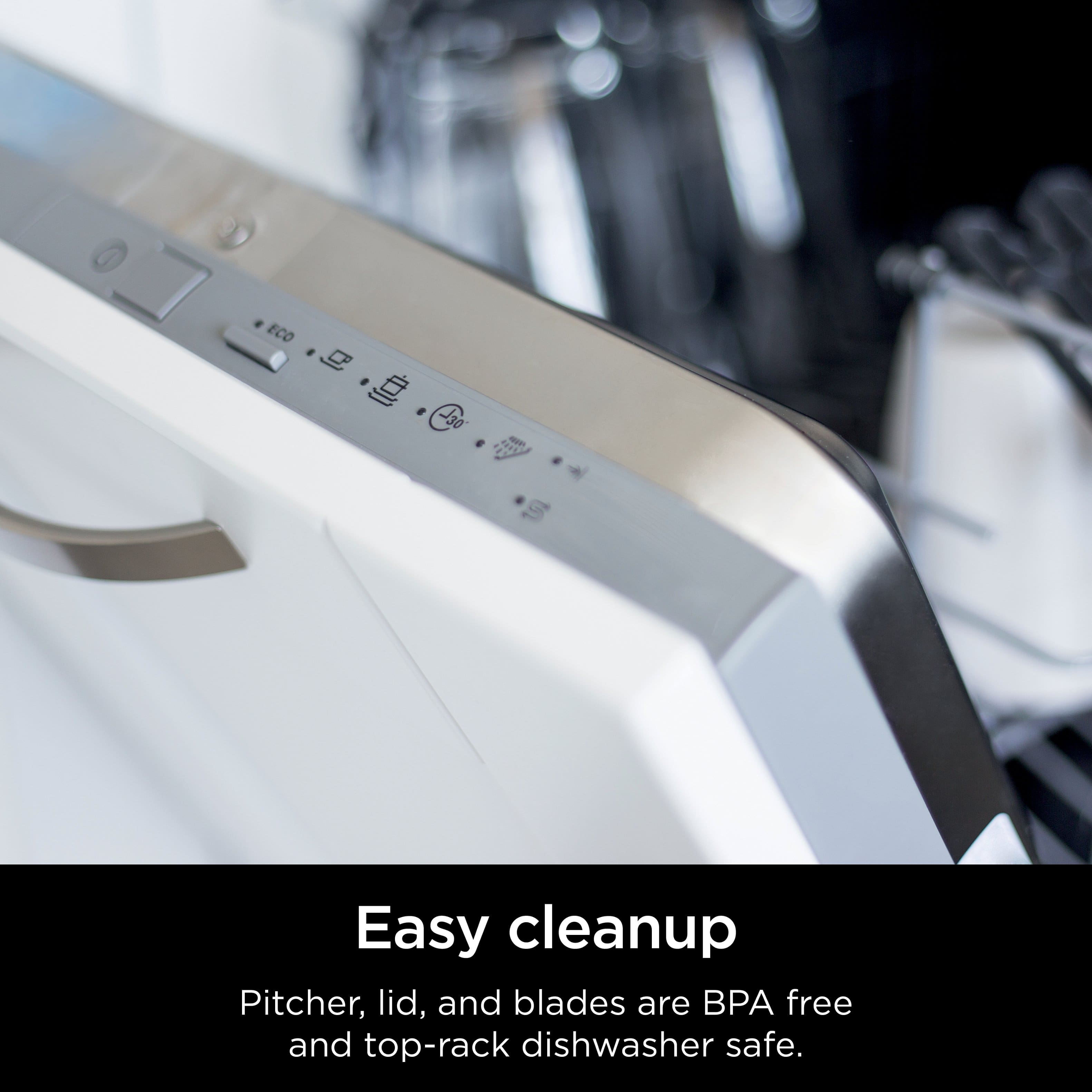 The image features a kitchen appliance, likely a dishwasher or a blender, with a pitcher, lid, and blades. The pitcher, lid, and blades are BPA free and top-rack dishwasher safe, making them easy to clean up. The appliance is white, and the pitcher and lid are silver in color. The blades are likely made of stainless steel, which is a common material for blenders and dishwashers. The image also includes a close-up view of the pitcher and lid, showcasing their design and features.