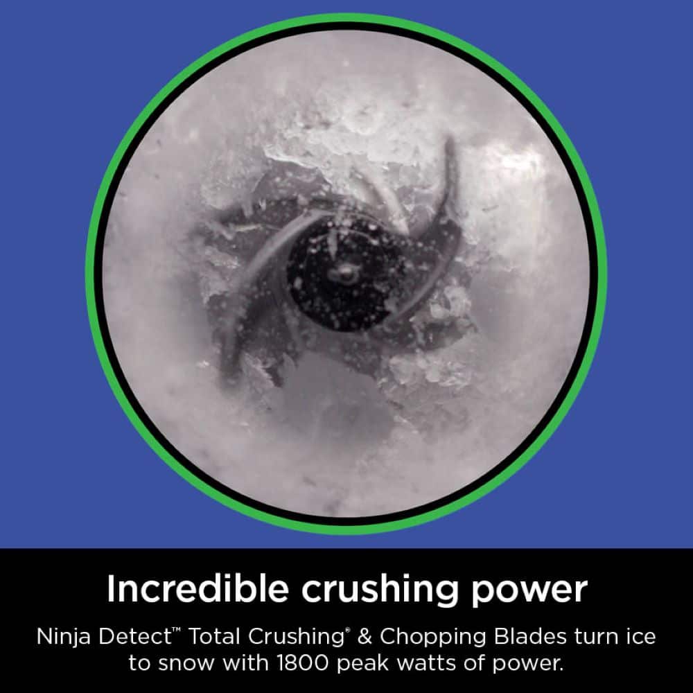 The image features a Ninja Detect Total Crushing & Chopping Blades that turn ice to snow with 1800 peak watts of power. The blades are designed to provide incredible crushing power, making them an effective tool for ice removal and chopping.