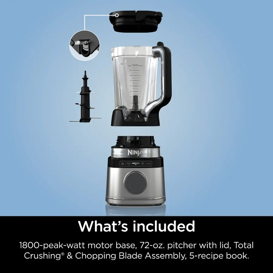 What's included: 1800-peak-watt motor base, 72-oz. pitcher with lid, Total Crushing & Chopping Blade Assembly, 5-recipe book.