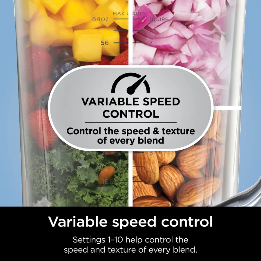 The image features a blender with a container full of various fruits and vegetables, including apples, oranges, and broccoli. The blender has a variable speed control setting, which allows users to control the speed and texture of their blends. The blender can hold up to 64 ounces or 8 cups, making it suitable for blending large quantities of ingredients. The image emphasizes the versatility and convenience of the blender, making it an ideal choice for preparing smoothies, soups, and other blended dishes.