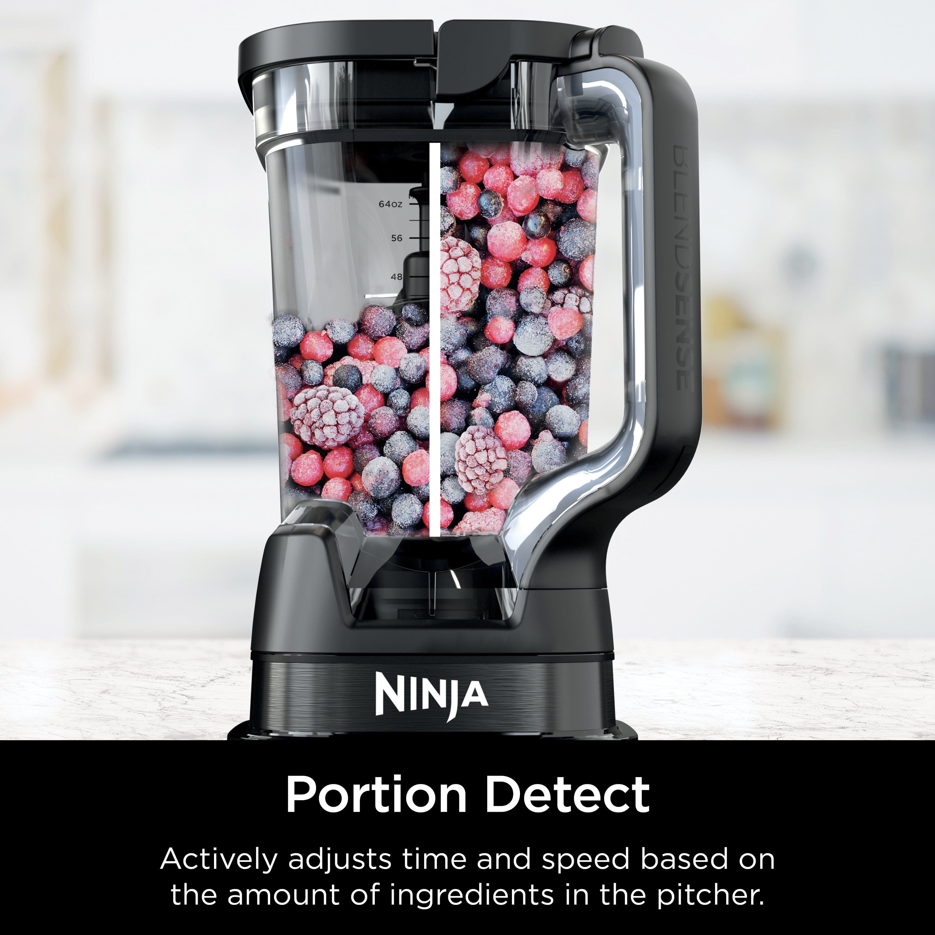 The image features a Ninja blender with a pitcher full of berries, including blueberries and raspberries. The blender is advertised as having a Portion Detect feature, which actively adjusts time and speed based on the amount of ingredients in the pitcher. This ensures that the blending process is optimized for the specific ingredients and their quantities.