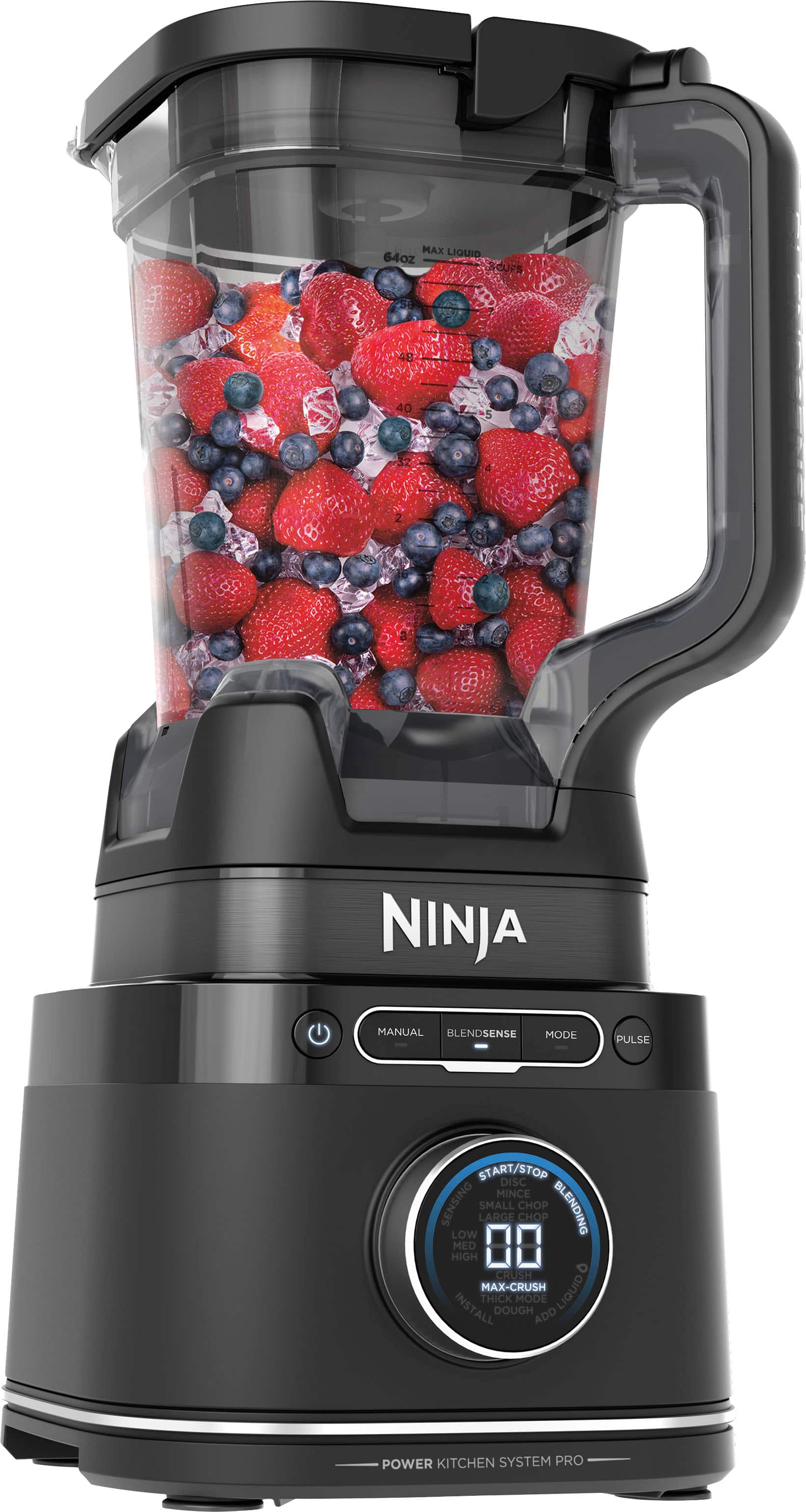 The image features a Ninja blender filled with mixed berries, including strawberries and blueberries. The blender is designed to blend various ingredients, such as fruits and vegetables, to create smoothies, purees, and other blended beverages. The blender is equipped with a manual blend mode, pulse start/stop, and a crush mode, which allows for different levels of blending intensity. The Ninja blender also has a large and small chop mode, as well as a dough mode for making dough. The blender is capable of blending up to 64 ounces of liquid, making it suitable for large batches or multiple servings.
