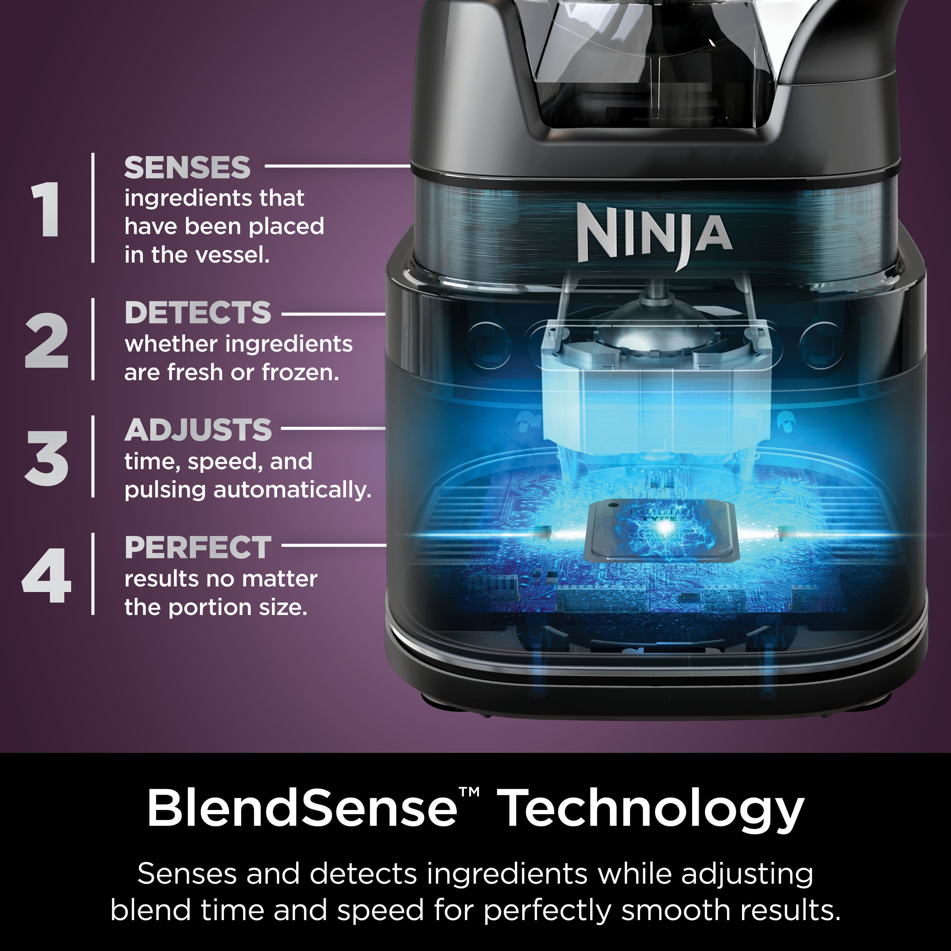 BlendSense Technology: Senses and detects ingredients while adjusting blend time and speed for perfectly smooth results.