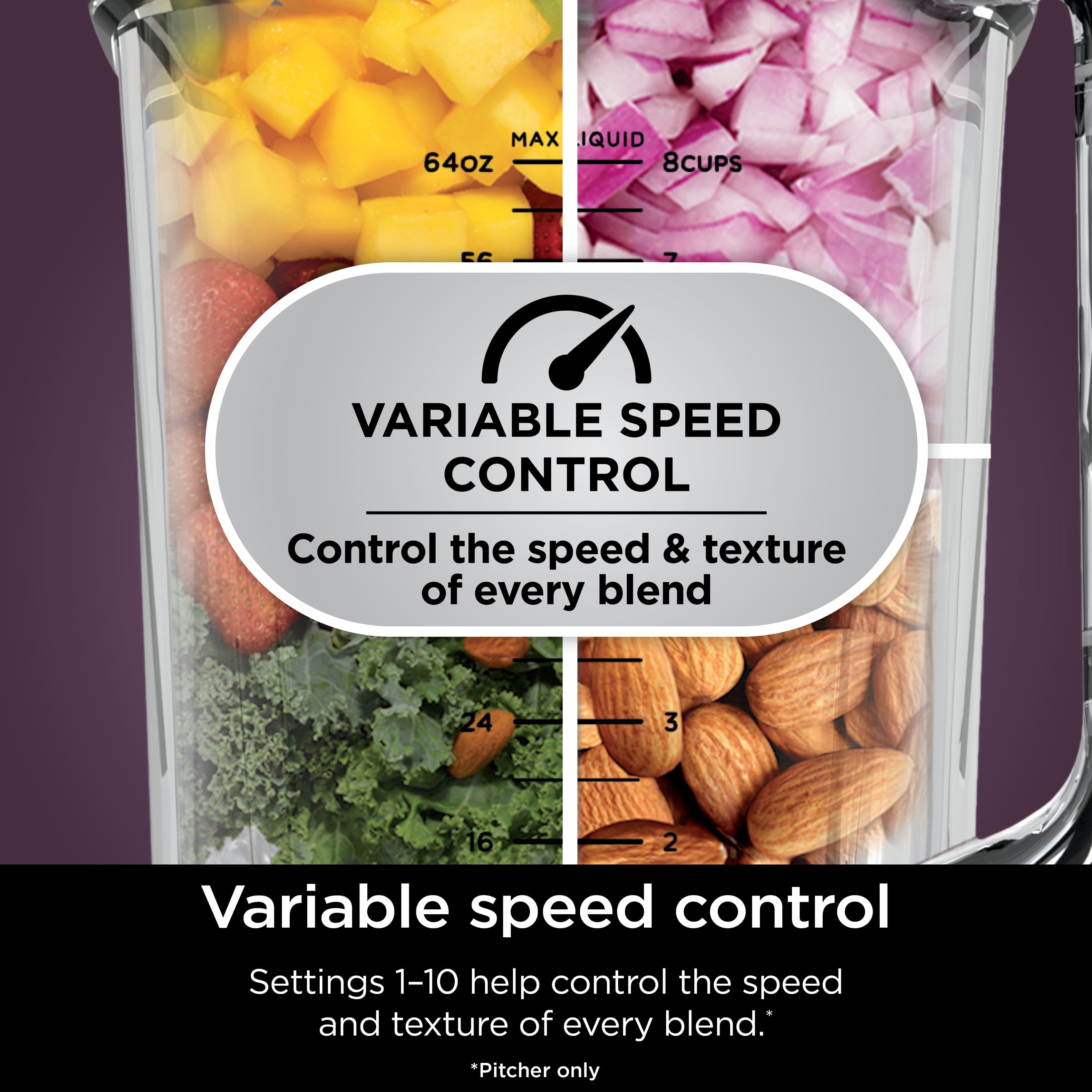 The image features a blender with a pitcher that has a variable speed control setting. The pitcher is filled with various ingredients, including fruits, vegetables, and nuts. The blender is designed to control the speed and texture of every blend, allowing users to set the speed from 1 to 10, depending on their preference. The pitcher is suitable for blending a wide variety of ingredients, making it a versatile and convenient tool for preparing smoothies, soups, and other blended beverages or dishes.