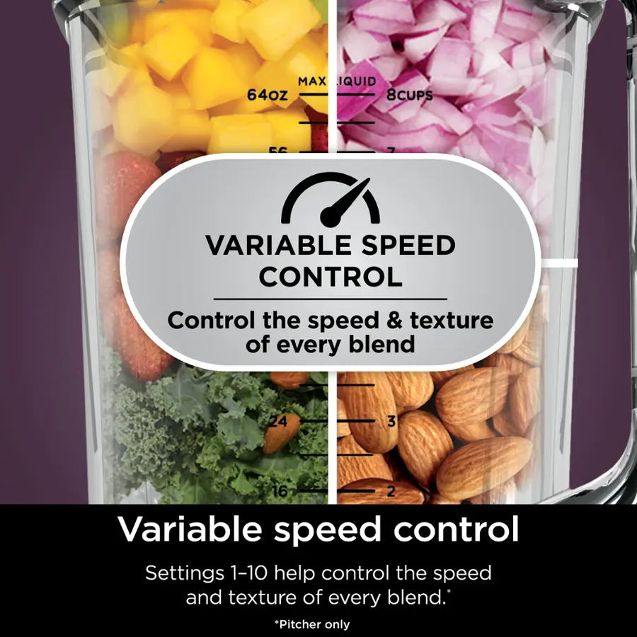 The image features a blender with a pitcher that has a variable speed control setting. The pitcher is filled with various ingredients, including fruits, vegetables, and nuts. The blender is designed to control the speed and texture of every blend, allowing users to set the speed from 1 to 10, depending on their preference. The pitcher is suitable for blending a wide variety of ingredients, making it a versatile and convenient tool for preparing smoothies, soups, and other blended beverages or dishes.
