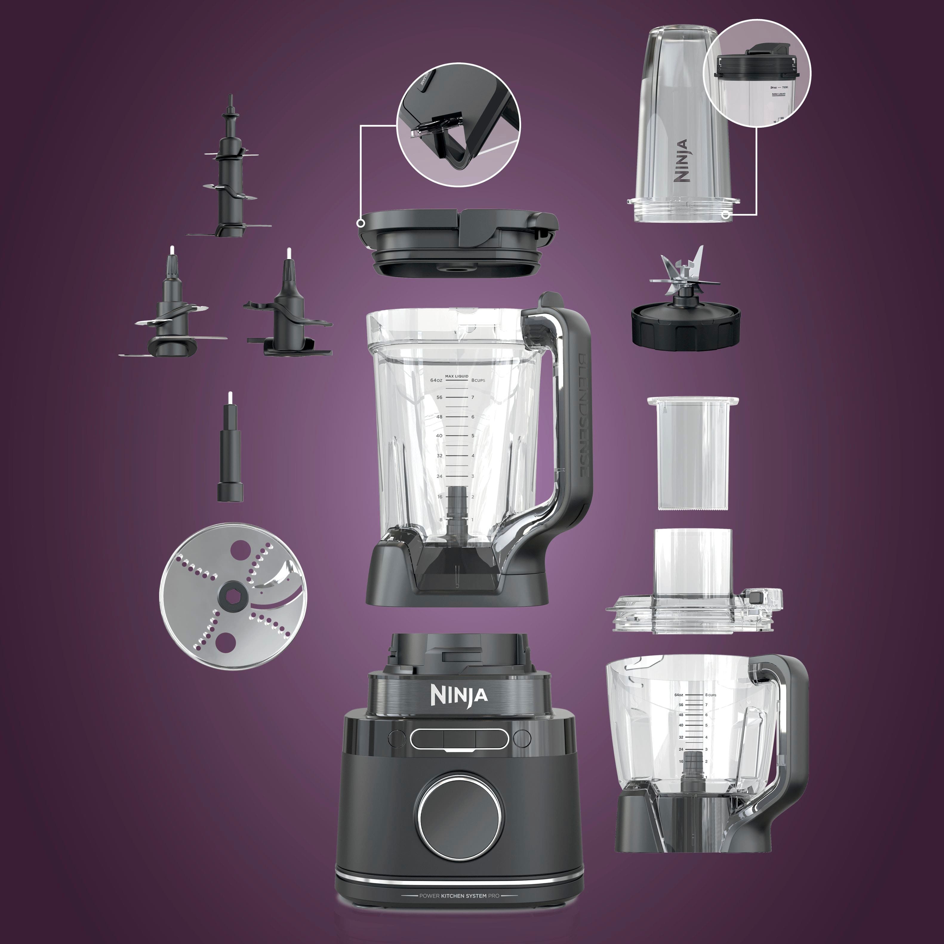The image features a Ninja blender, which is a countertop blender. The blender is shown in various stages of operation, including the lid off, the lid on, and the blender in use. The image also includes a close-up view of the blender, as well as a diagram of the blender's components. The blender is designed to be easy to use and efficient for blending various types of ingredients.