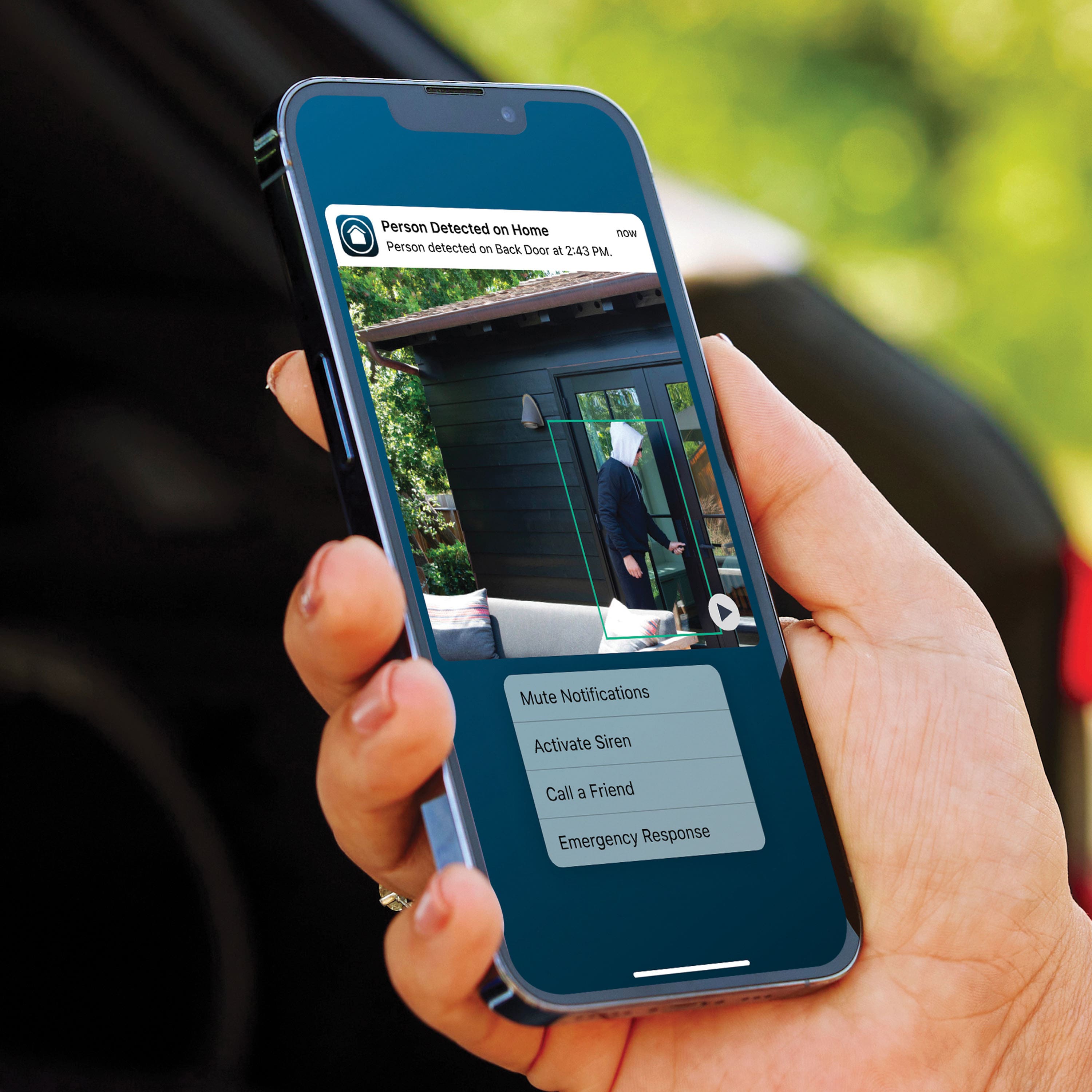 Phone Notifications Receive notifications and watch live streaming video when motion is detected. Person Detected on Home Tn. Person detected in back door at 24S PM. Mute Notifications. Activate Siren. Call a Friend. Emergency Response. *Arlo Secure plan required for certain features.