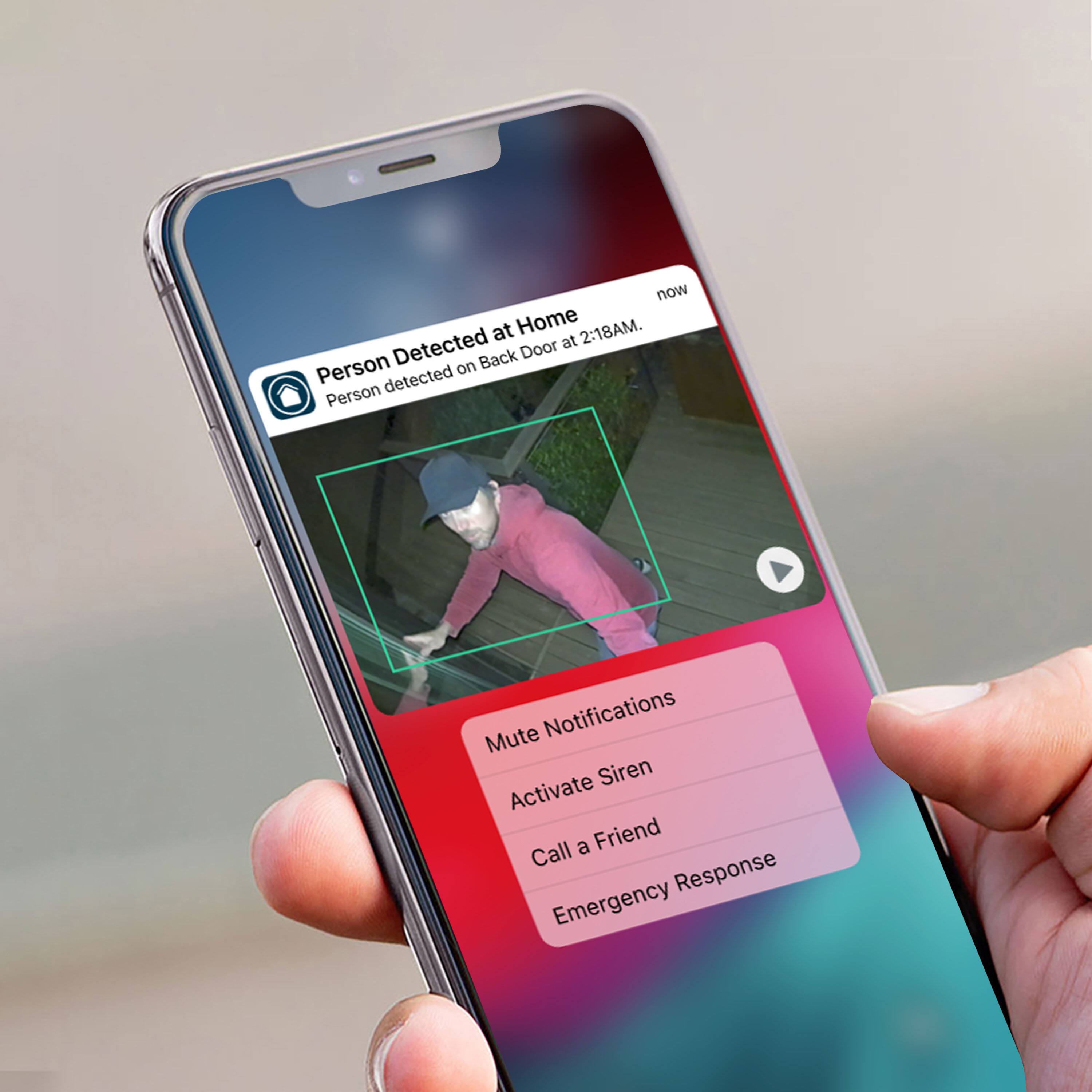 Color Night Vision: See what's happening, even without a light now at Home 2:18AM. Detected Door at Person on Back detected Person Mute Notifications Siren Activate a Friend Call Response Emergency. *Arlo Secure plan required for certain features.