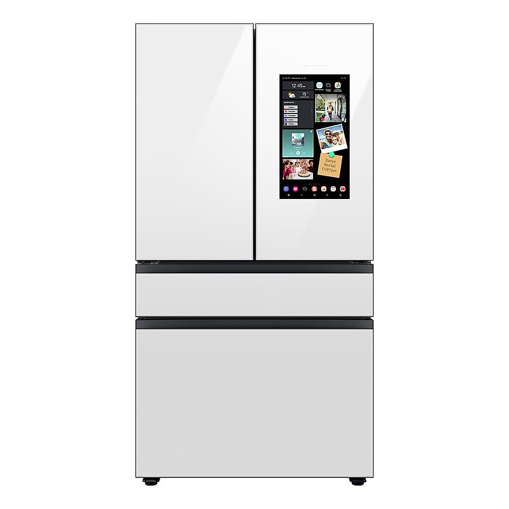 The image features a large white refrigerator with a touch screen on the door. The screen displays a variety of photos, including a picture of a person and a picture of a cake. The refrigerator is likely a smart appliance, offering users the ability to access and interact with various features and functions through the touch screen.